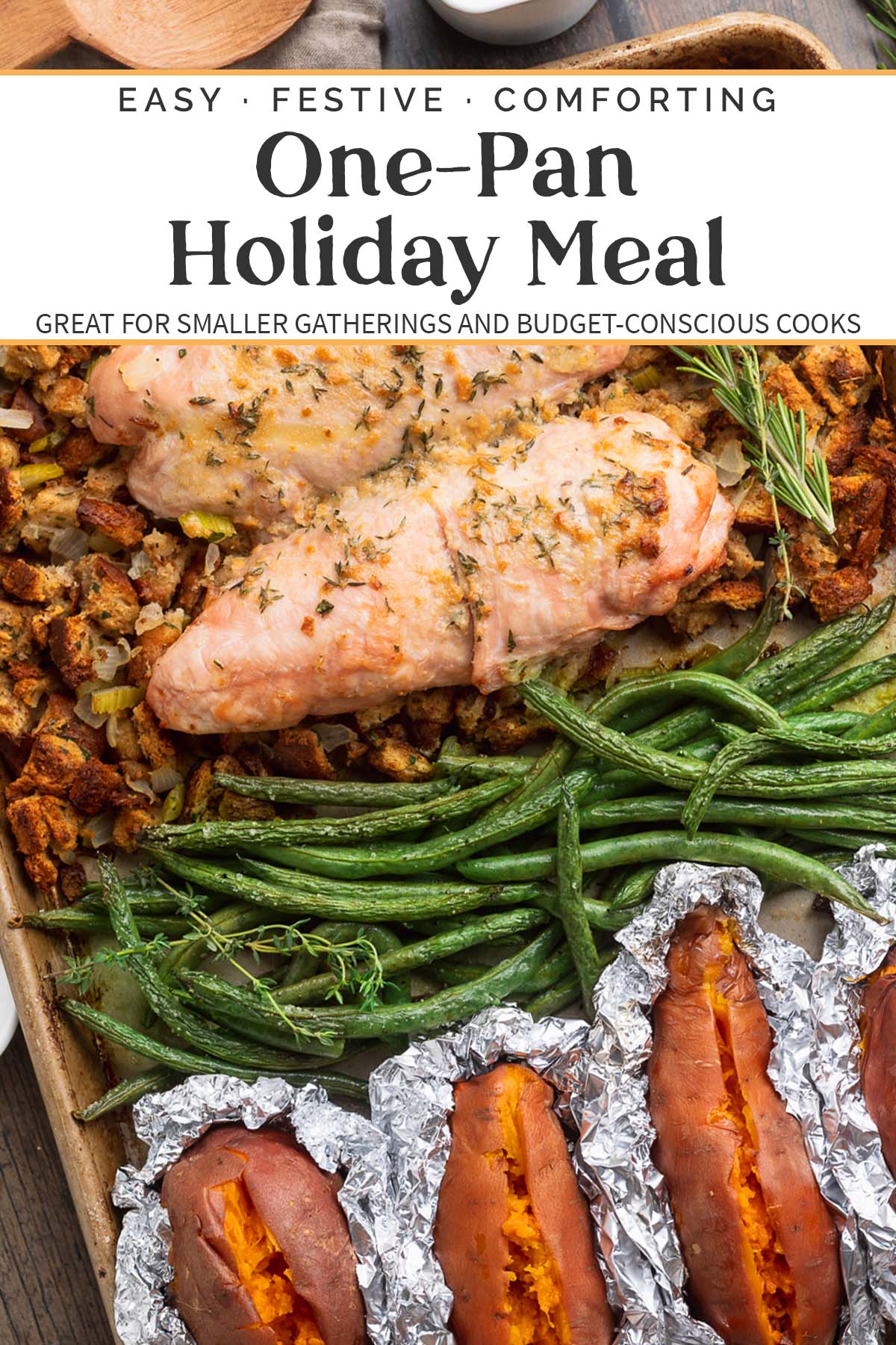 Pin graphic for one-pan holiday meal.