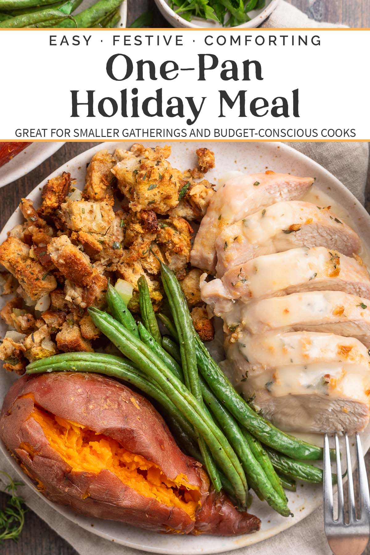 Pin graphic for one-pan holiday meal.