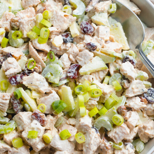 Close-up view of leftover turkey salad with cranberries and pecans in a large mixing bowl on a holiday table.