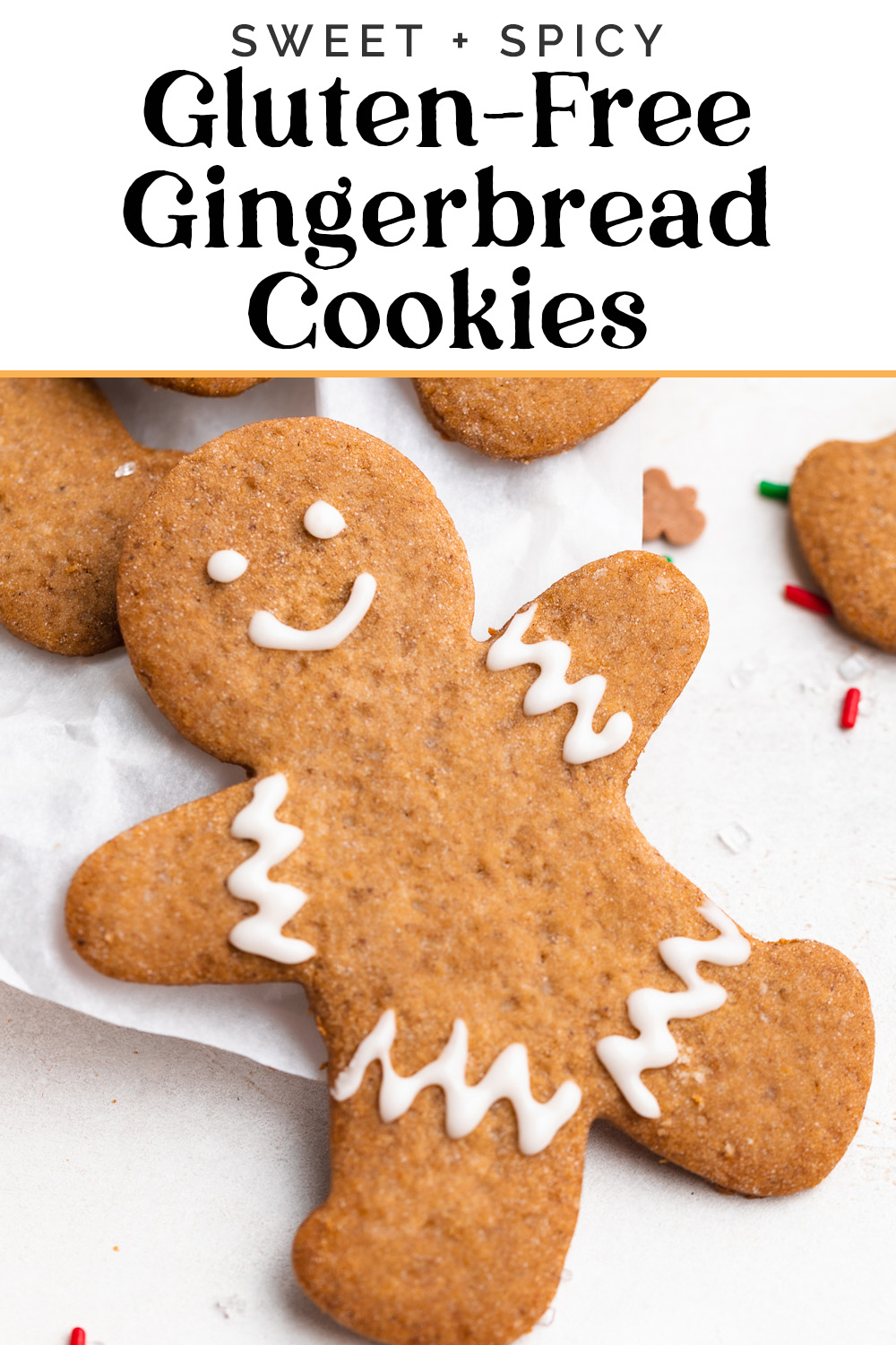 Pin graphic for gluten-free gingerbread cookies.