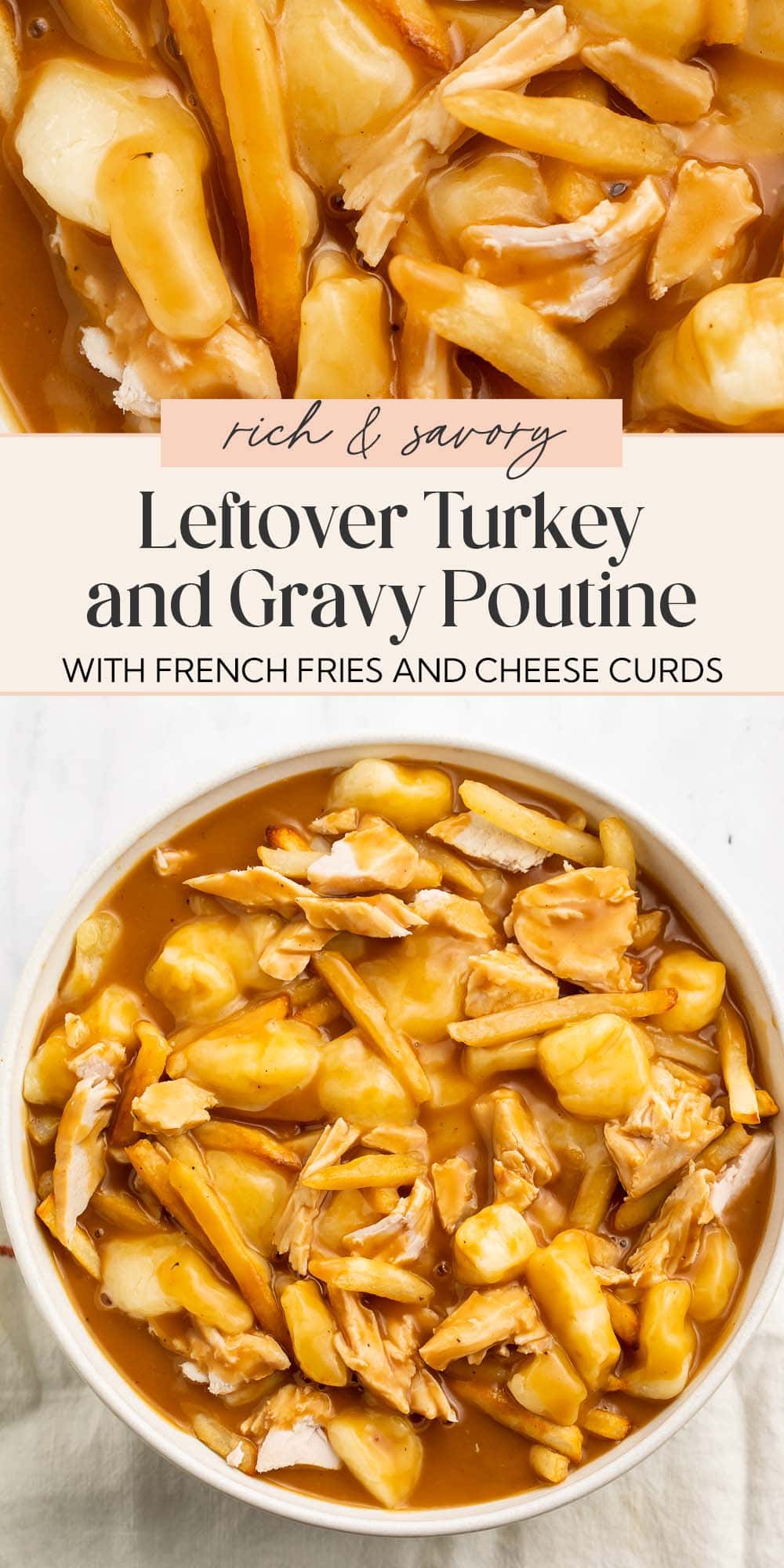 Pin graphic for leftover turkey poutine.