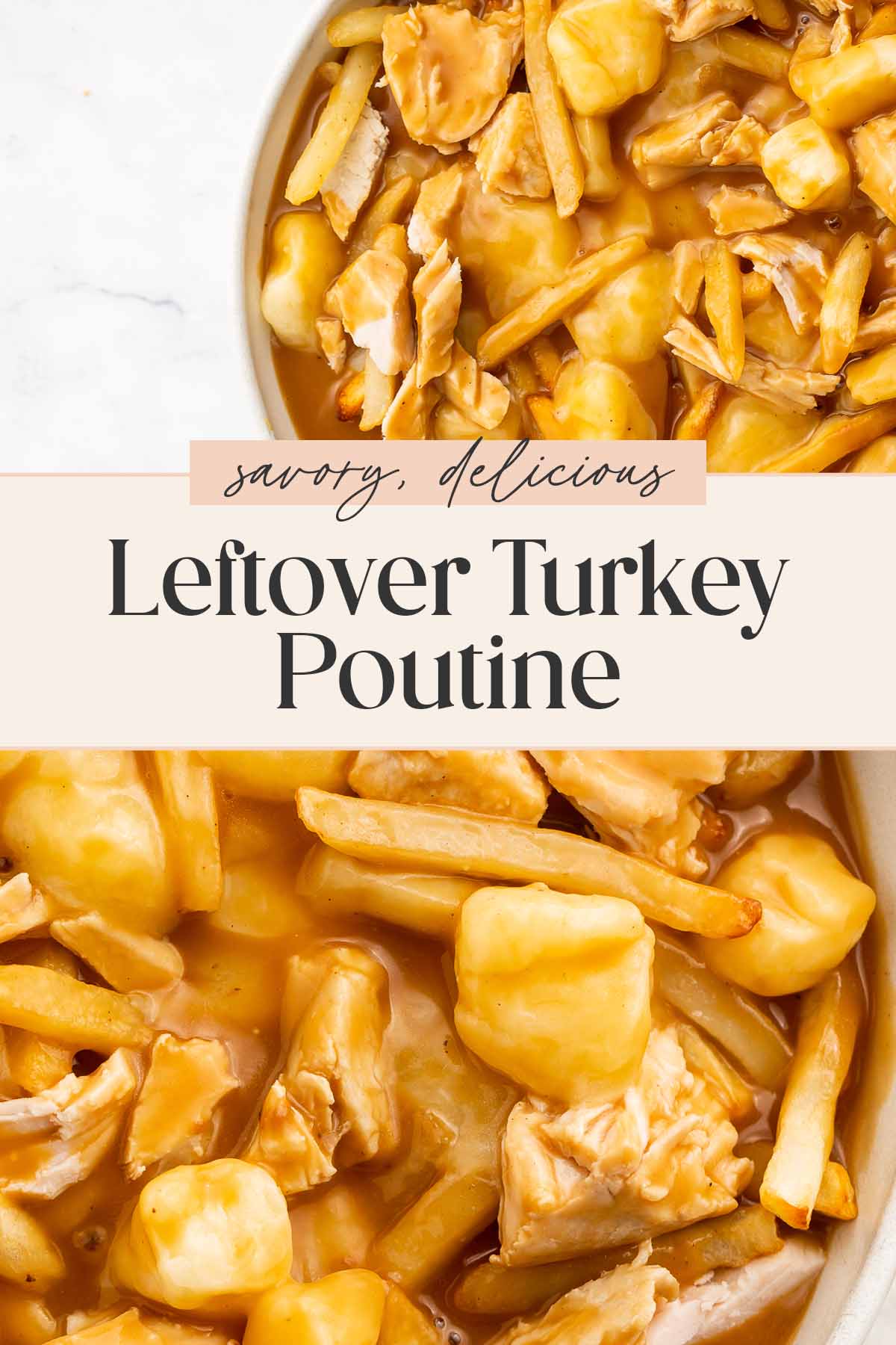 Pin graphic for leftover turkey poutine.