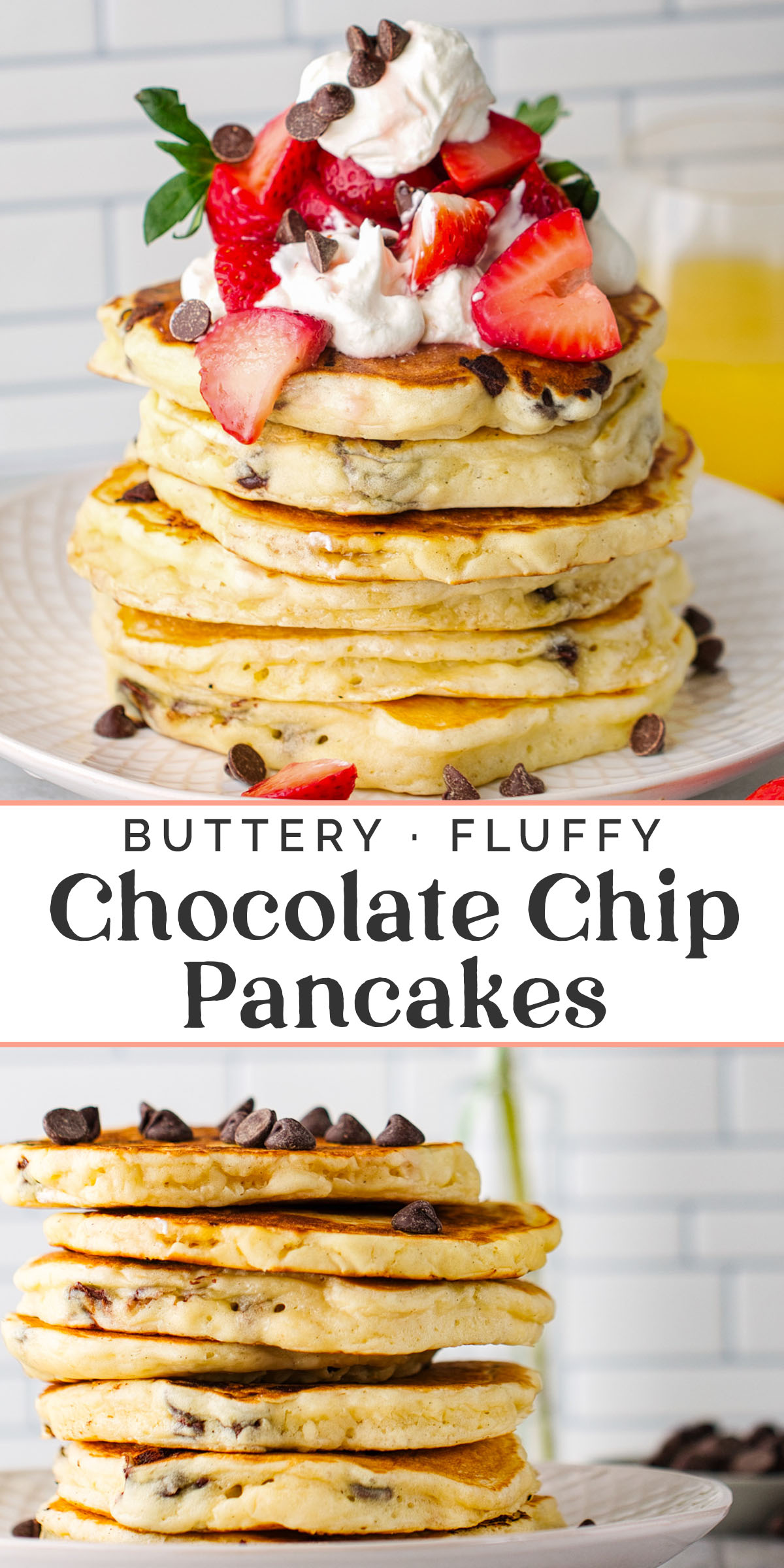 Pin graphics for chocolate chip pancakes.