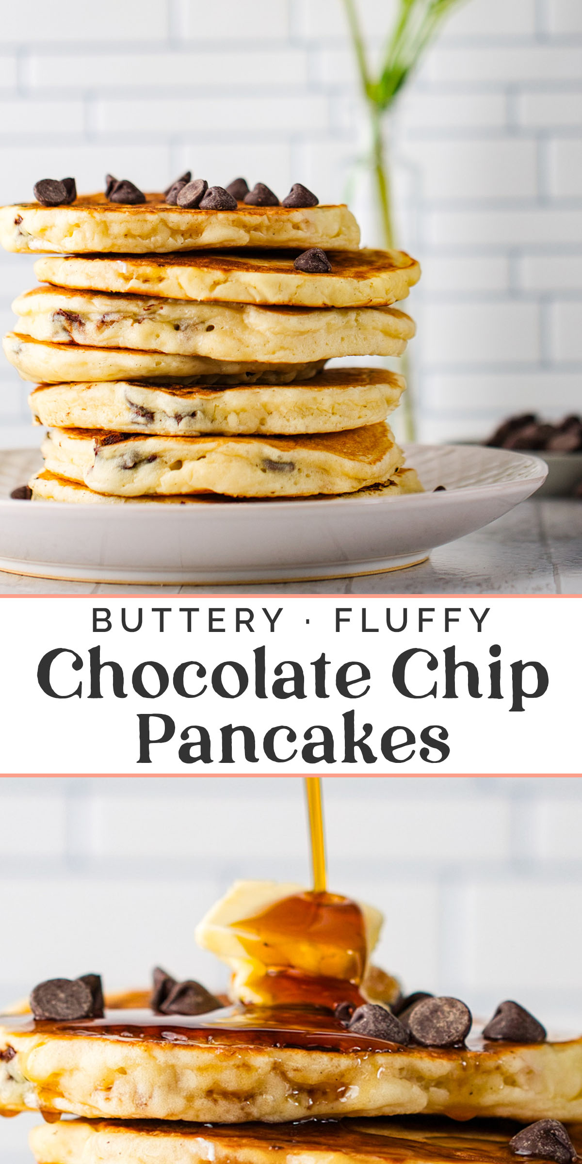 Pin graphics for chocolate chip pancakes.