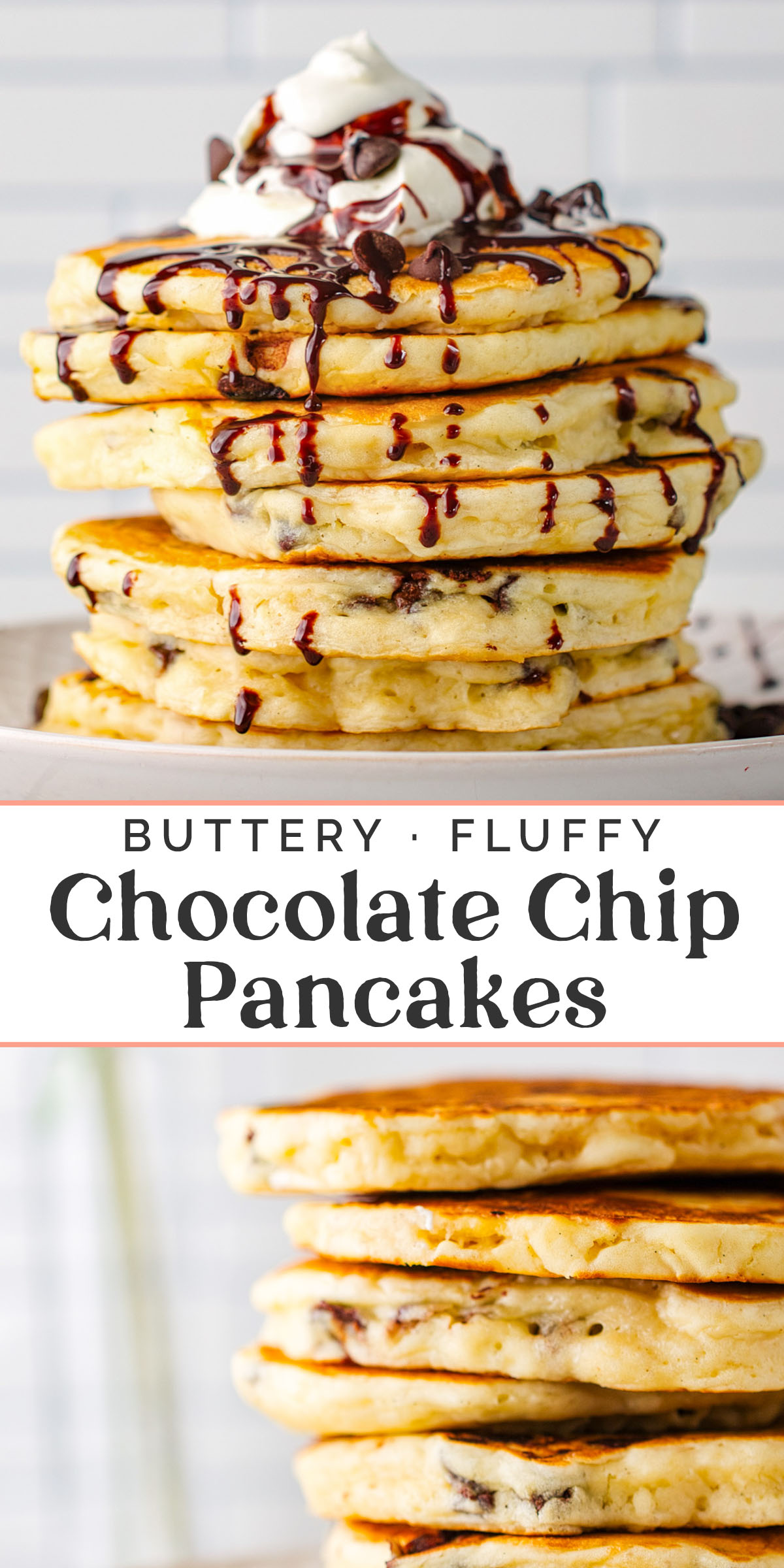 Pin graphics for chocolate chip pancakes.