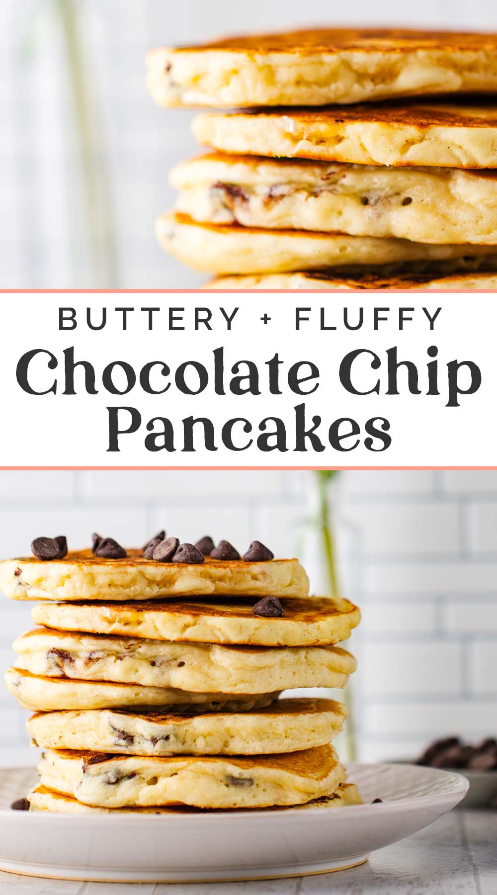 Pin graphics for chocolate chip pancakes.