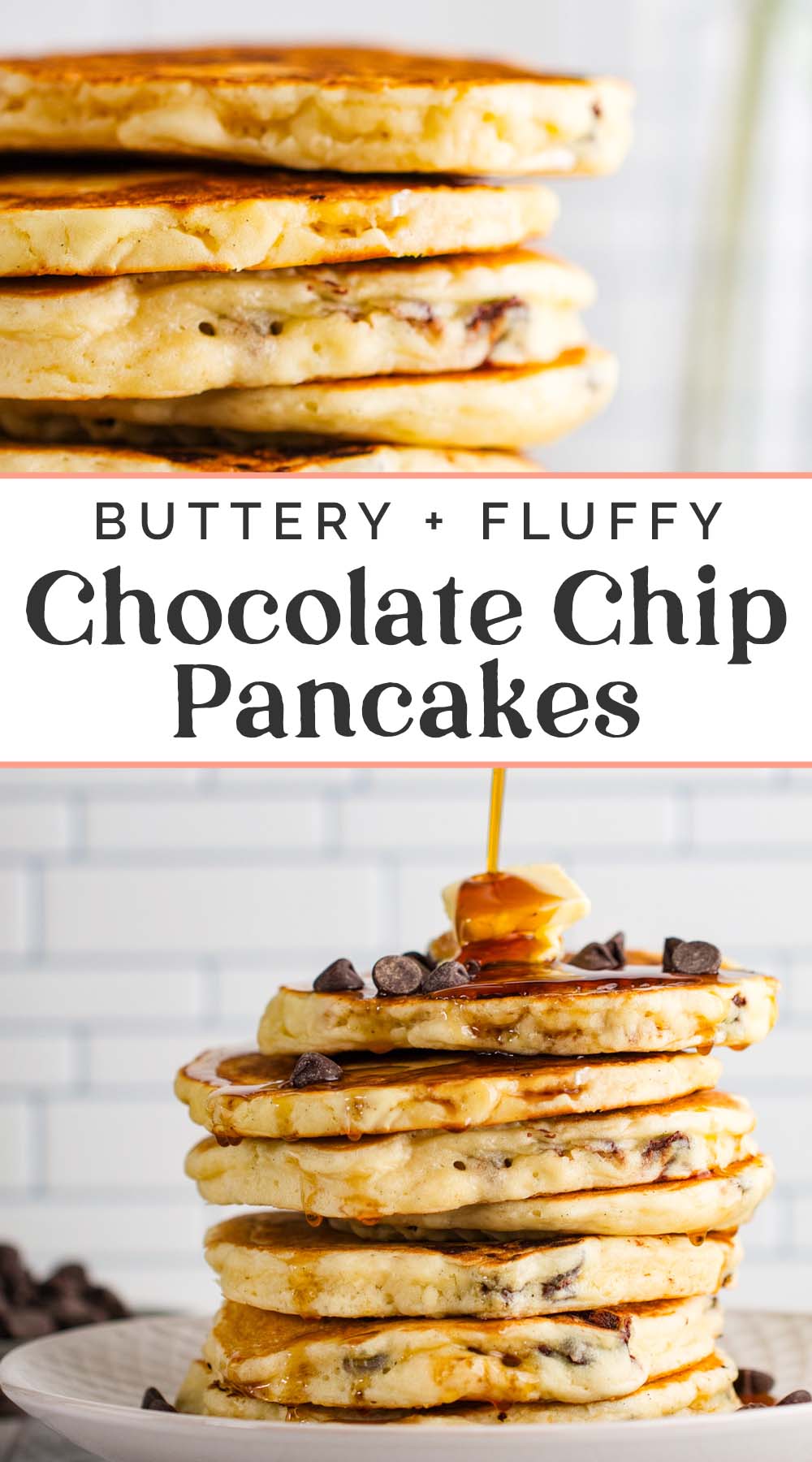 Pin graphics for chocolate chip pancakes.