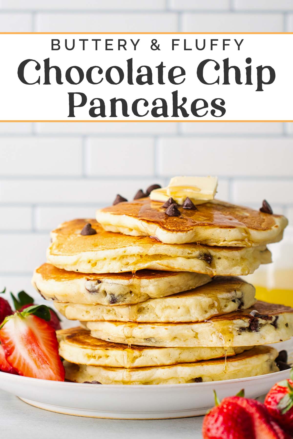 Pin graphics for chocolate chip pancakes.