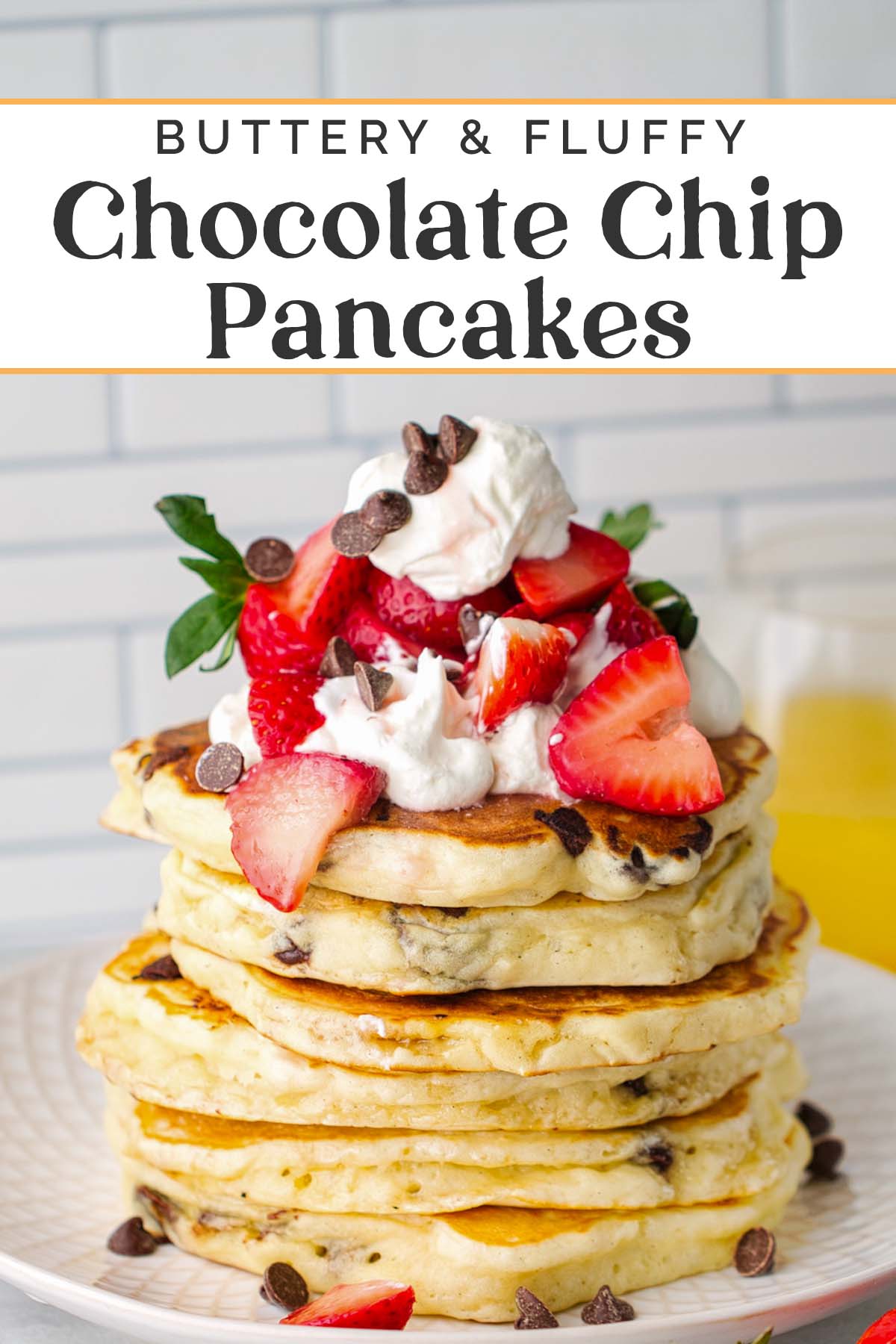 Pin graphics for chocolate chip pancakes.