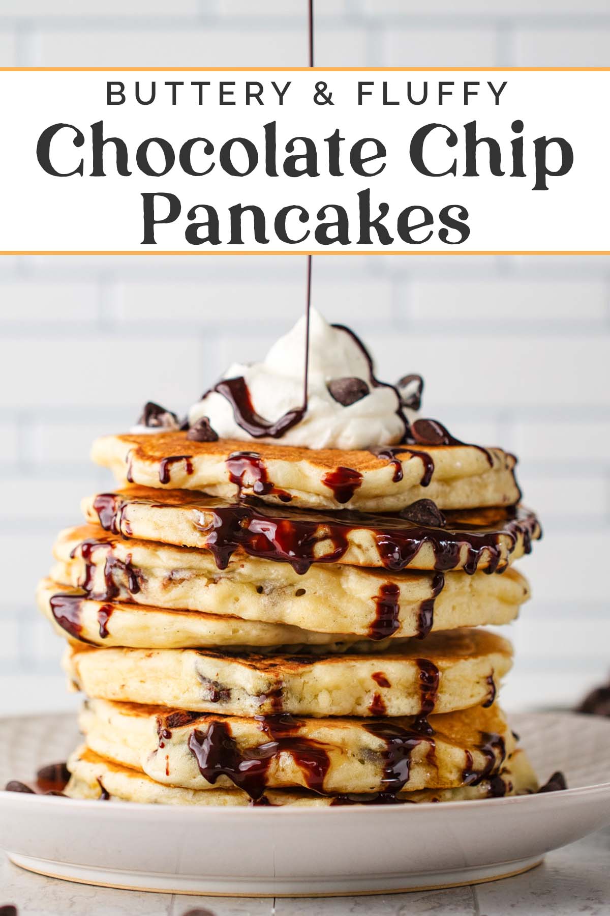 Pin graphics for chocolate chip pancakes.