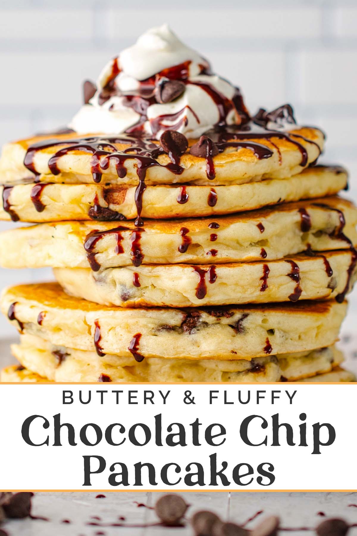 Pin graphics for chocolate chip pancakes.