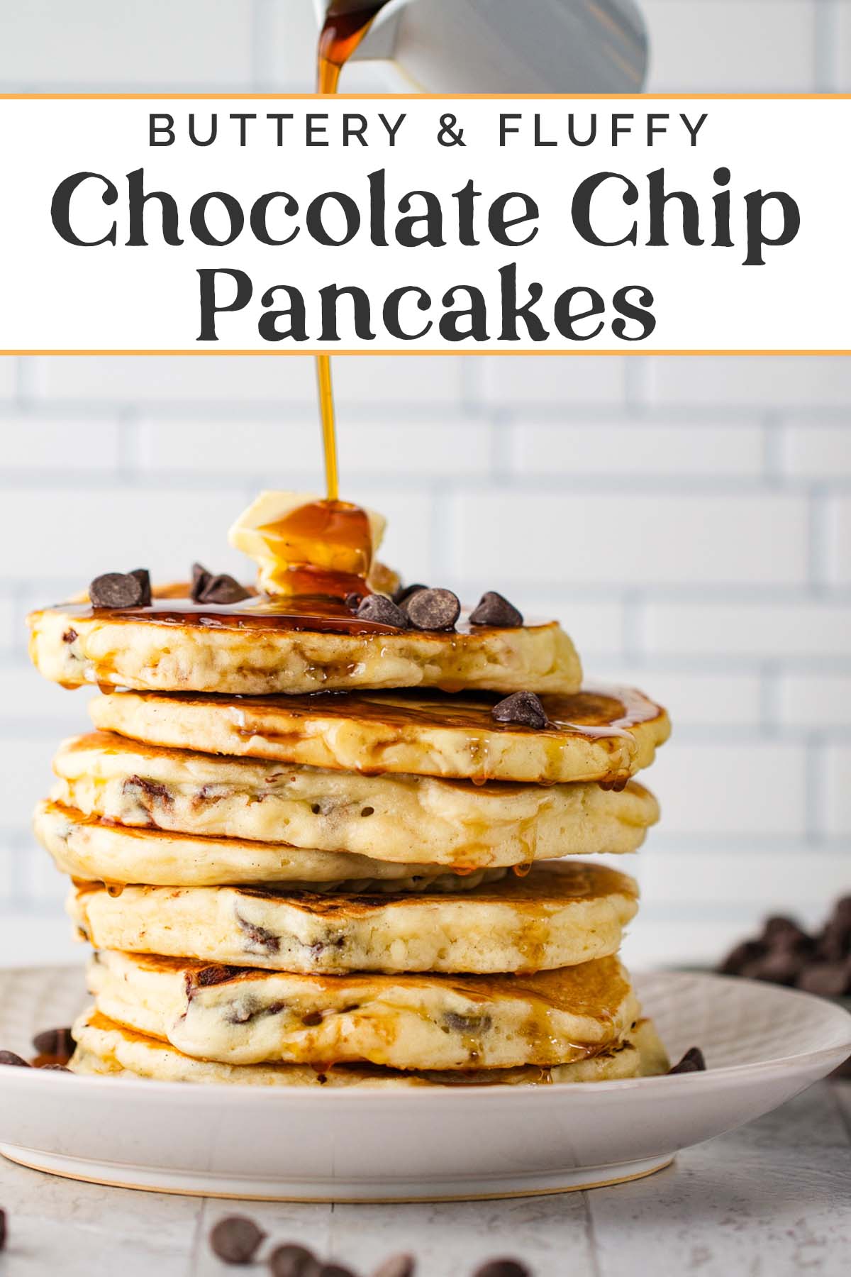 Pin graphics for chocolate chip pancakes.