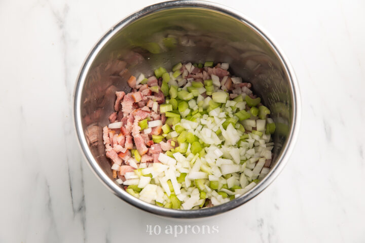 Instant Pot clam chowder ingredients in an Instant Pot insert.