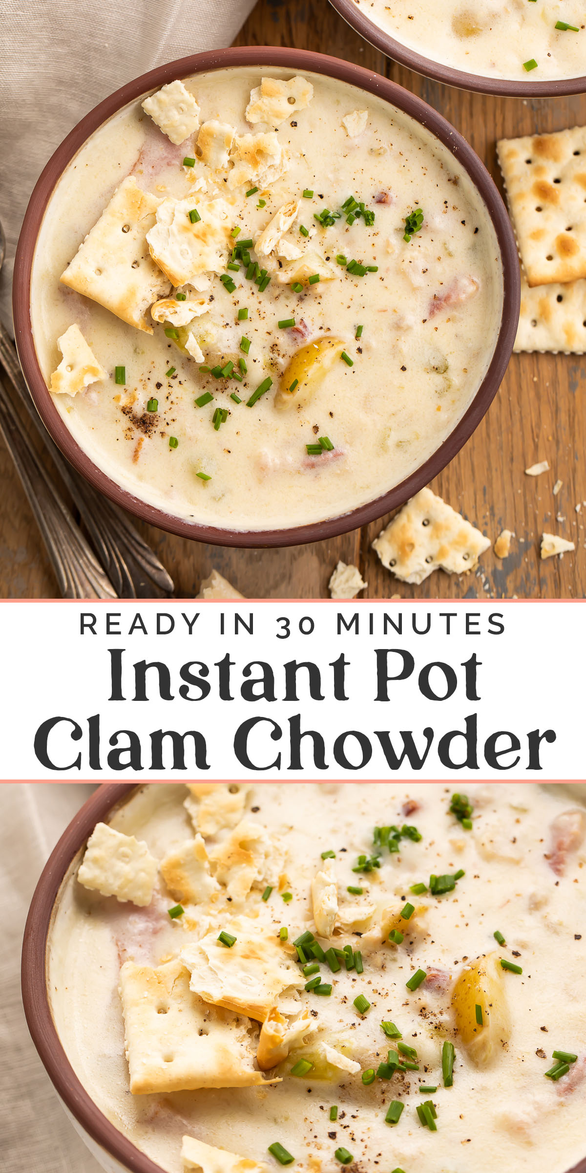 Pin graphic for Instant Pot clam chowder.