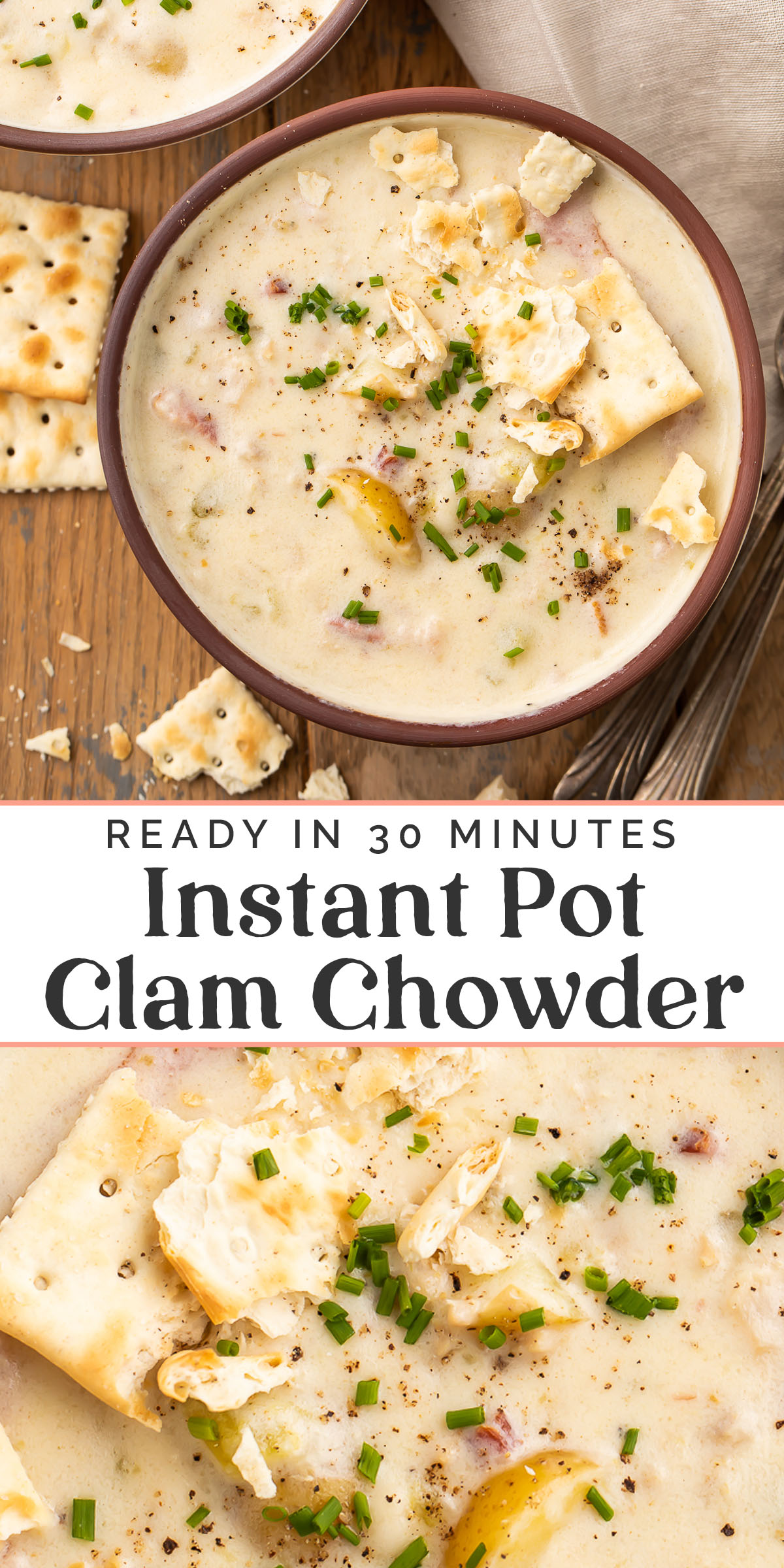 Pin graphic for Instant Pot clam chowder.