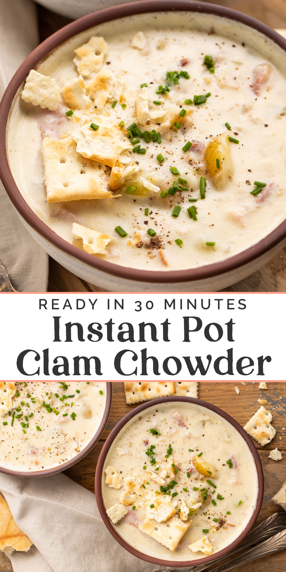 Pin graphic for Instant Pot clam chowder.