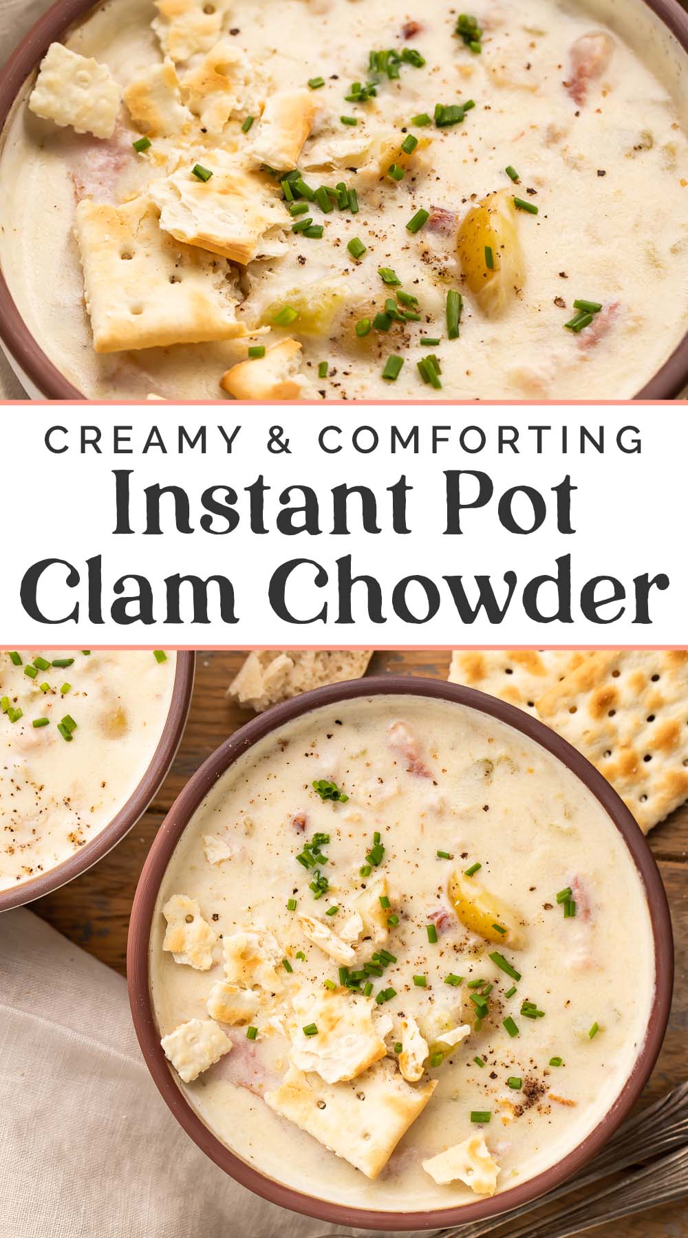 Pin graphic for Instant Pot clam chowder.