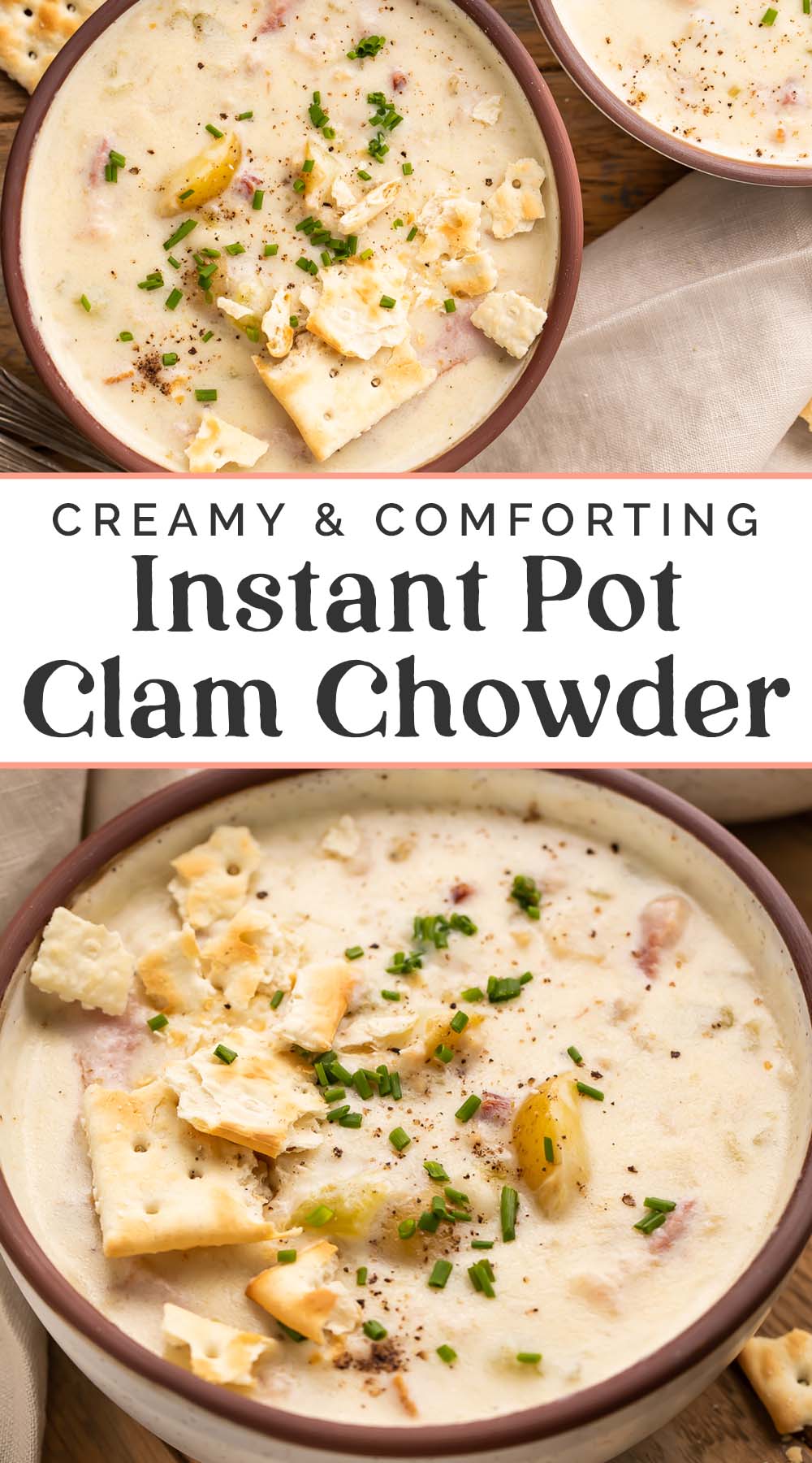 Pin graphic for Instant Pot clam chowder.