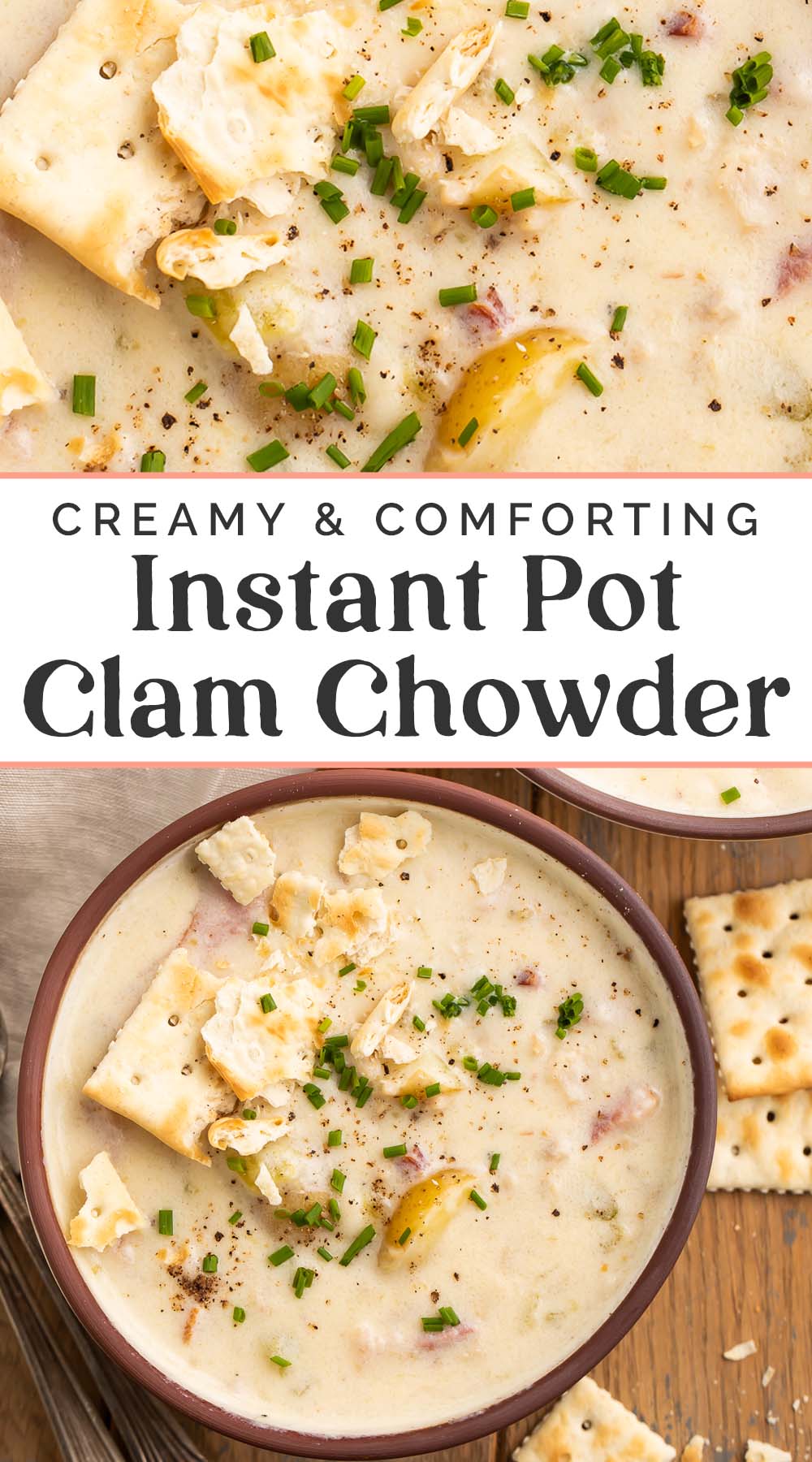 Pin graphic for Instant Pot clam chowder.