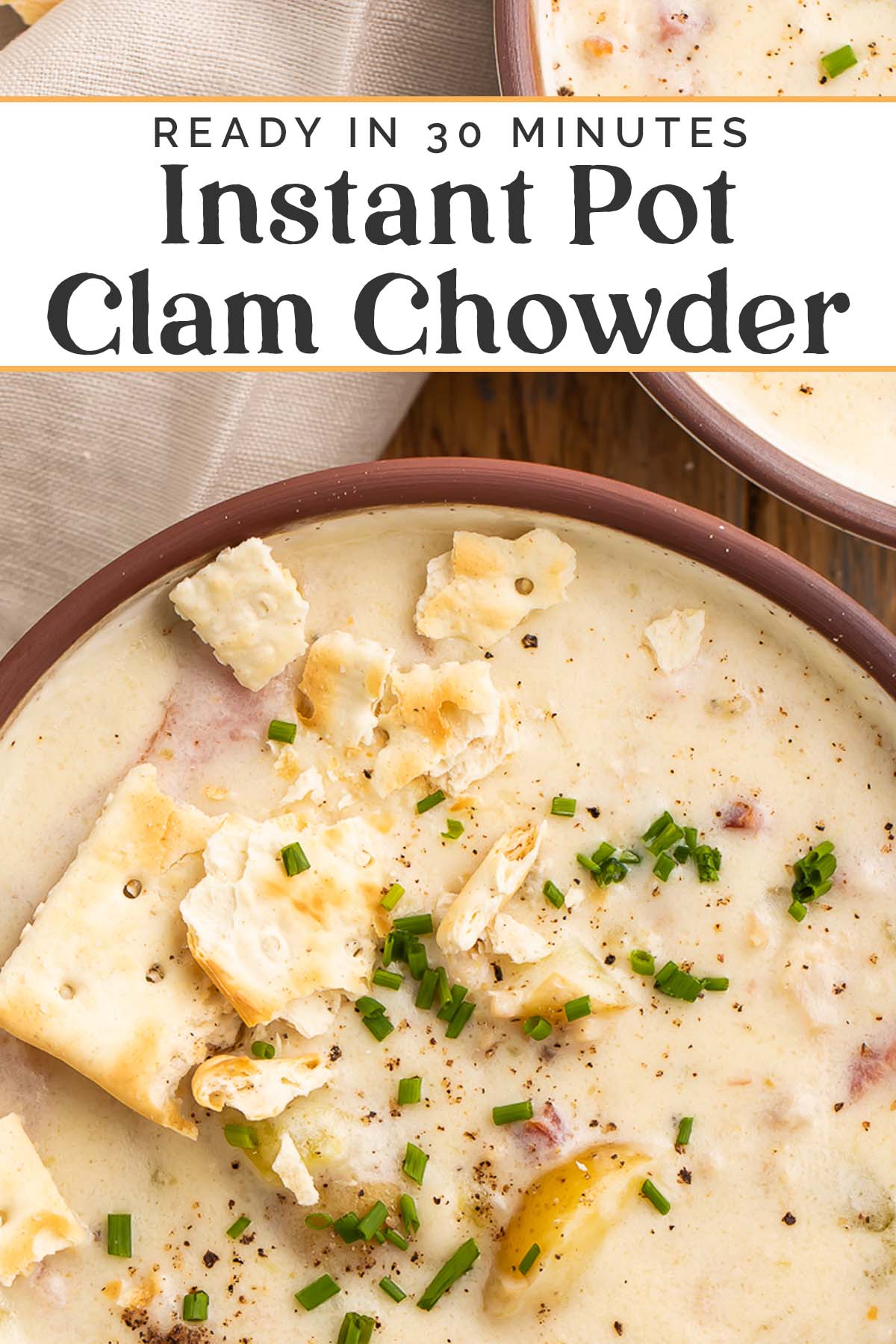 Pin graphic for Instant Pot clam chowder.