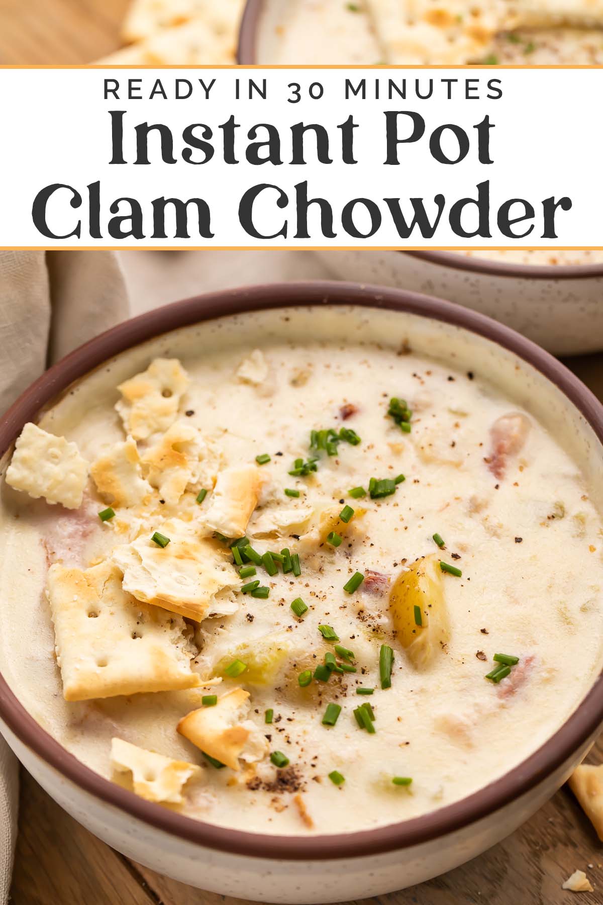 Pin graphic for Instant Pot clam chowder.