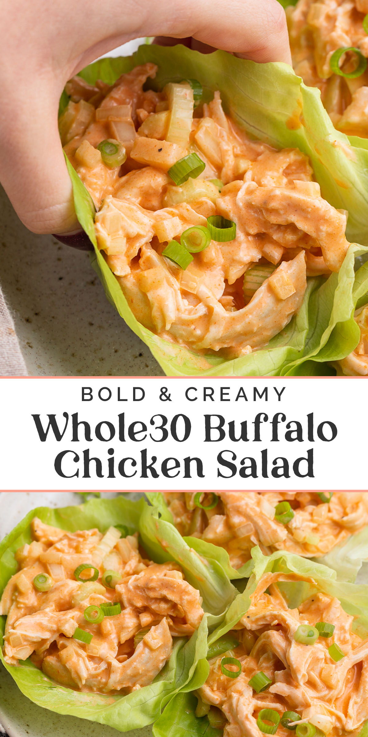 Pin graphic for Whole30 buffalo chicken salad.