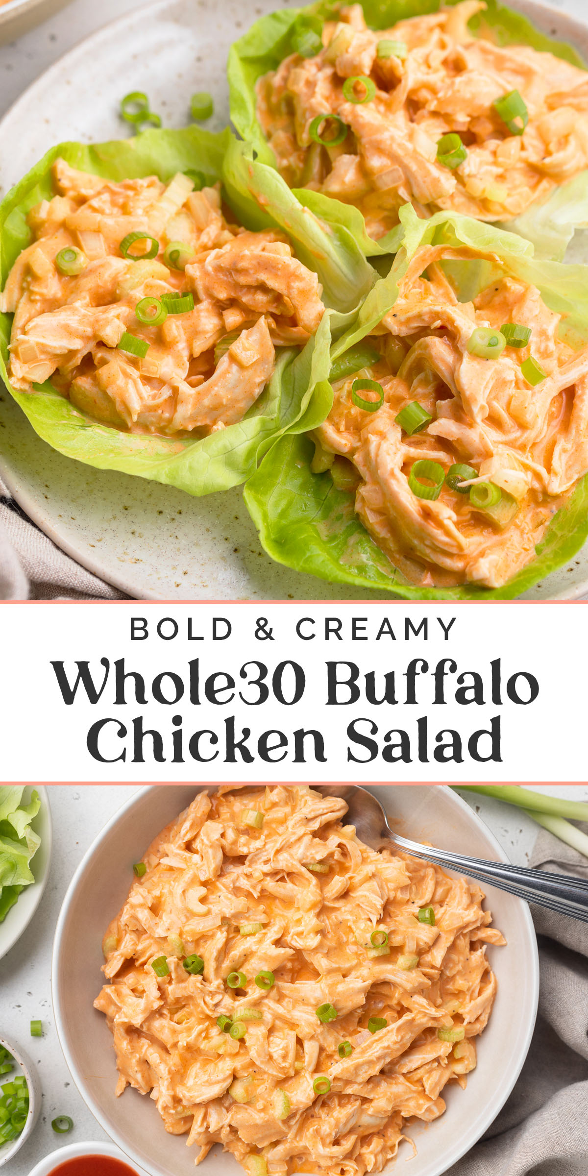 Pin graphic for Whole30 buffalo chicken salad.