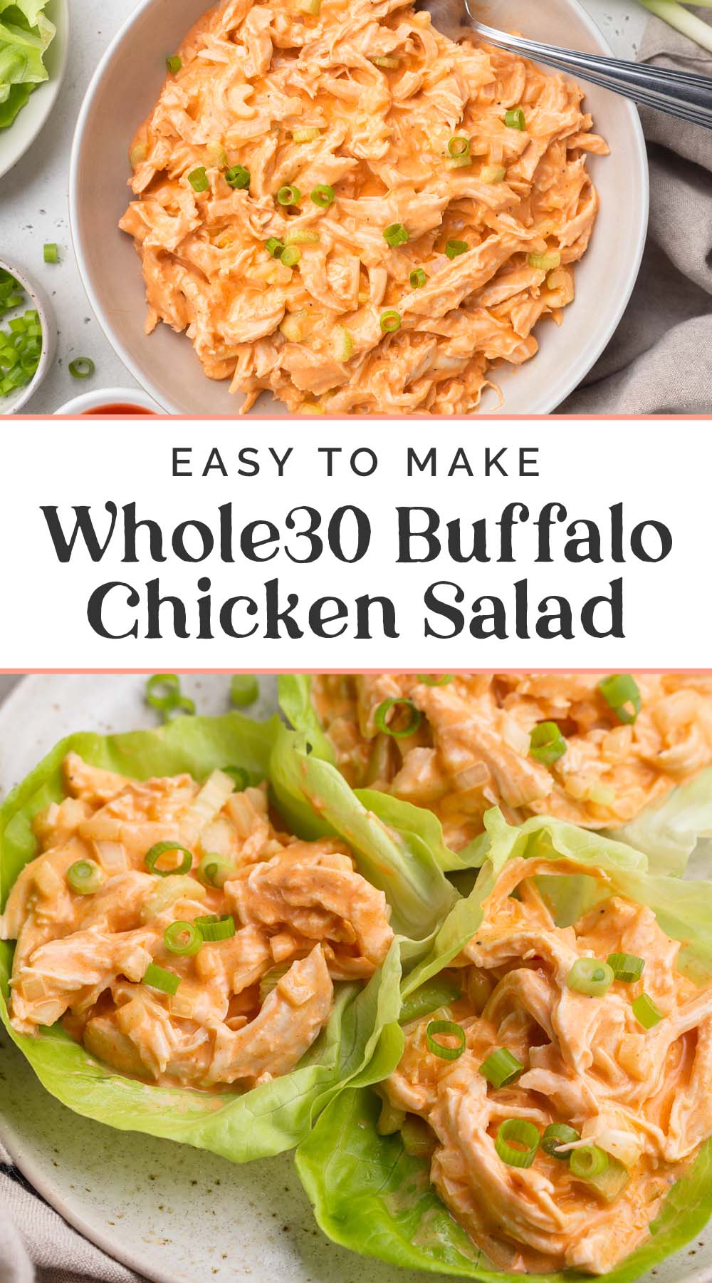 Pin graphic for Whole30 buffalo chicken salad.