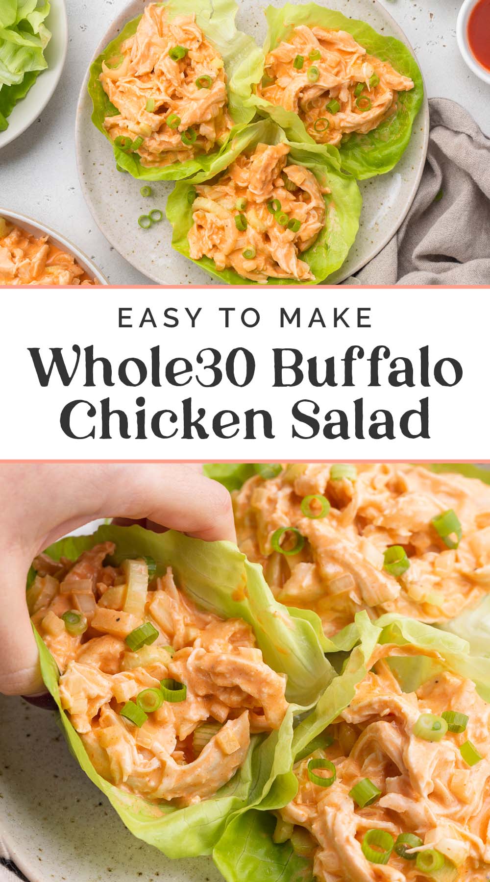 Pin graphic for Whole30 buffalo chicken salad.