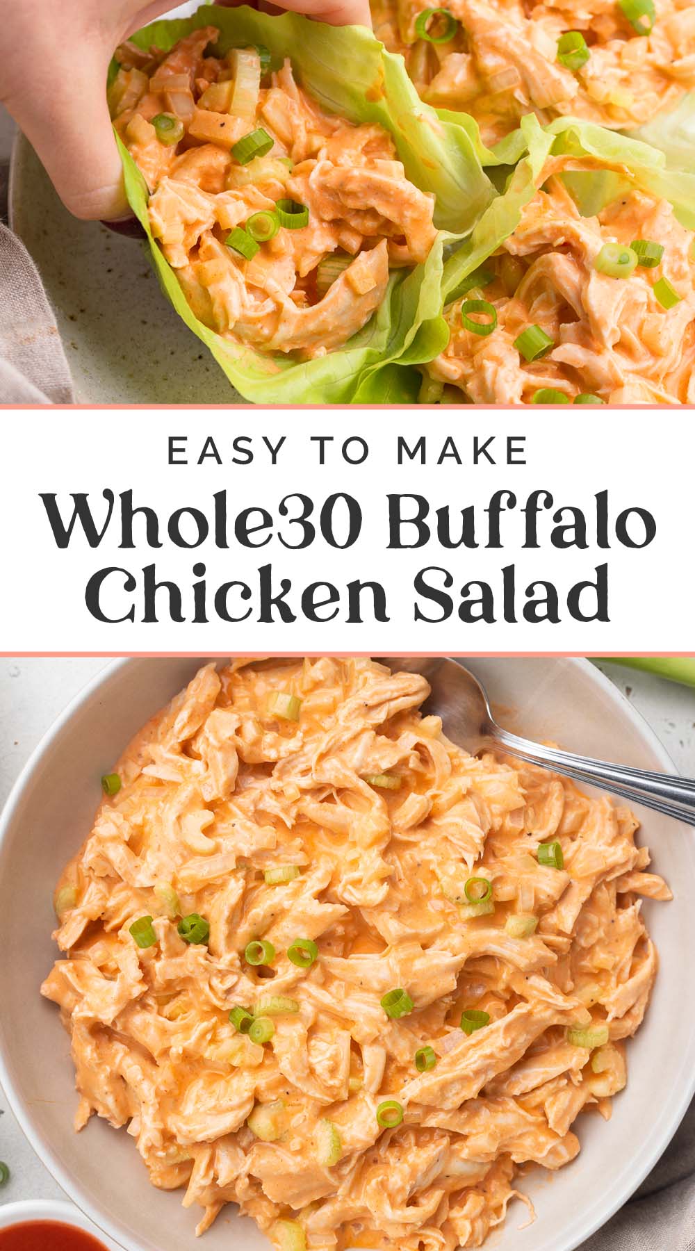 Pin graphic for Whole30 buffalo chicken salad.