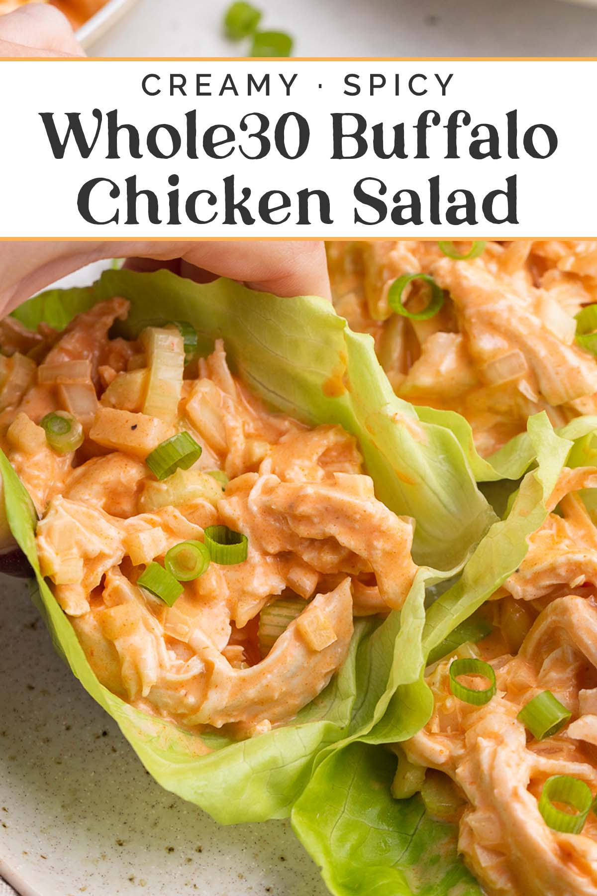 Pin graphic for Whole30 buffalo chicken salad.