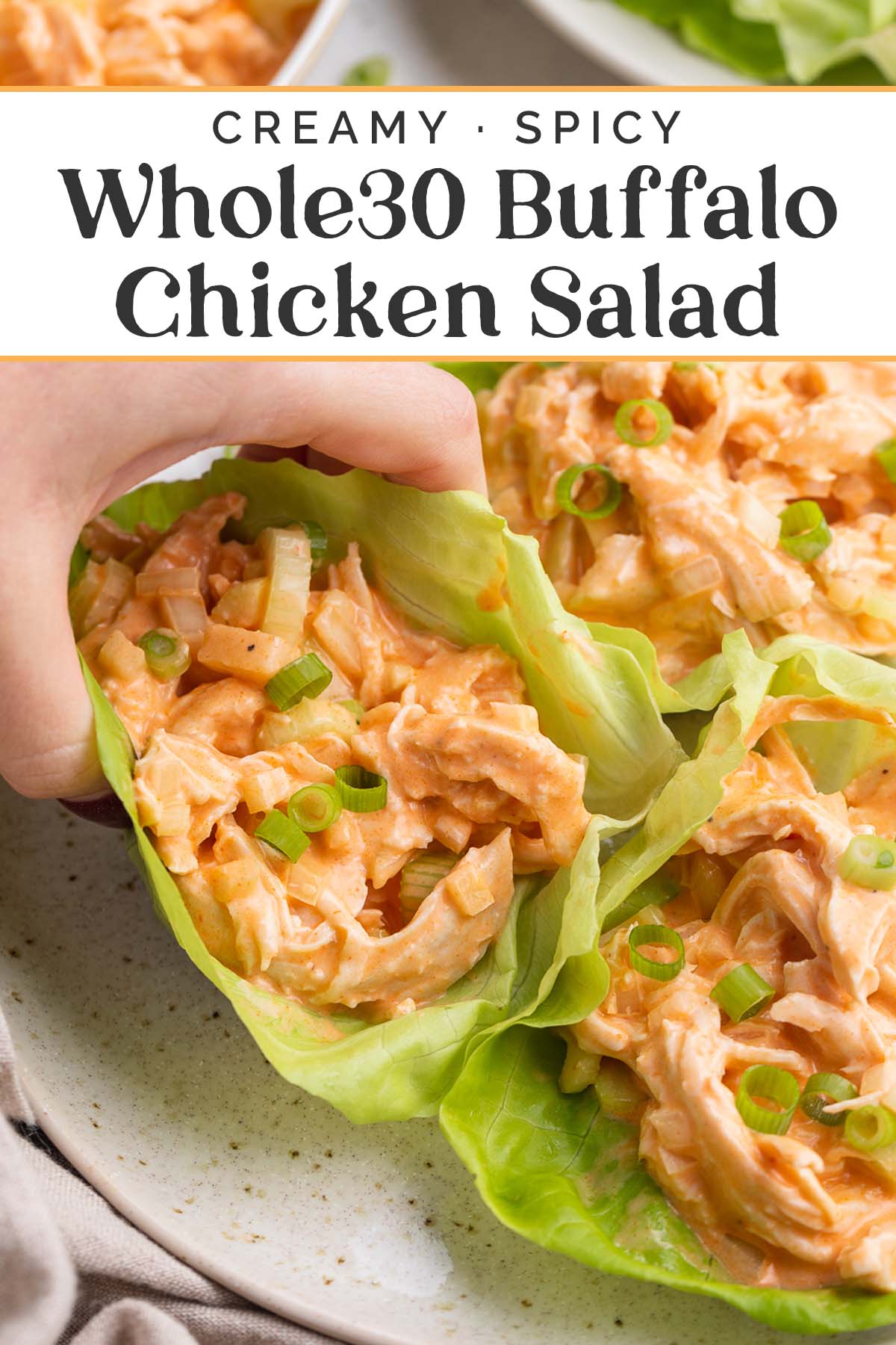 Pin graphic for Whole30 buffalo chicken salad.