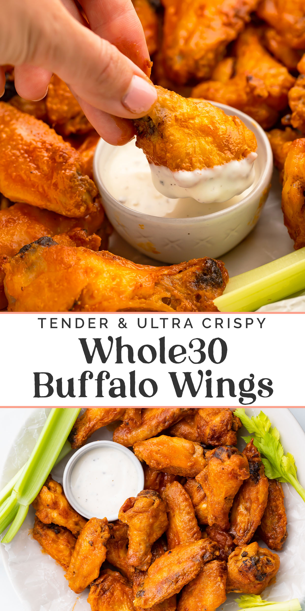 Pin graphic for Whole30 buffalo wings.