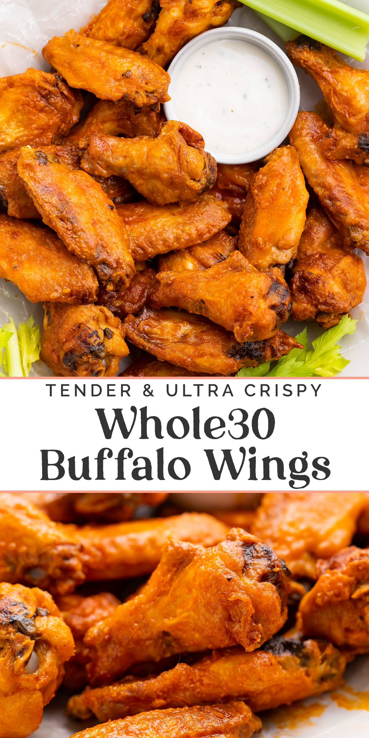 Pin graphic for Whole30 buffalo wings.