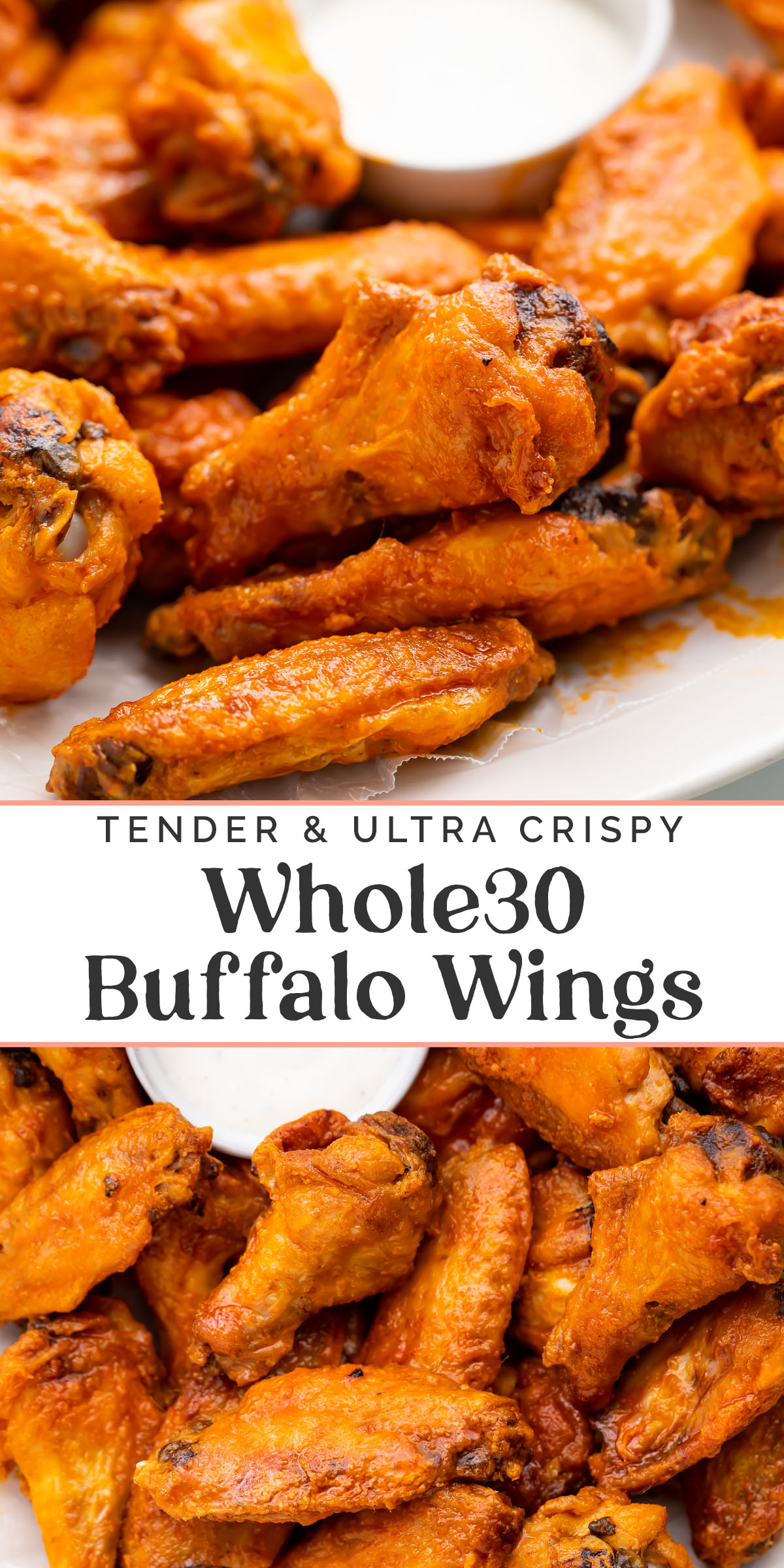 Pin graphic for Whole30 buffalo wings.