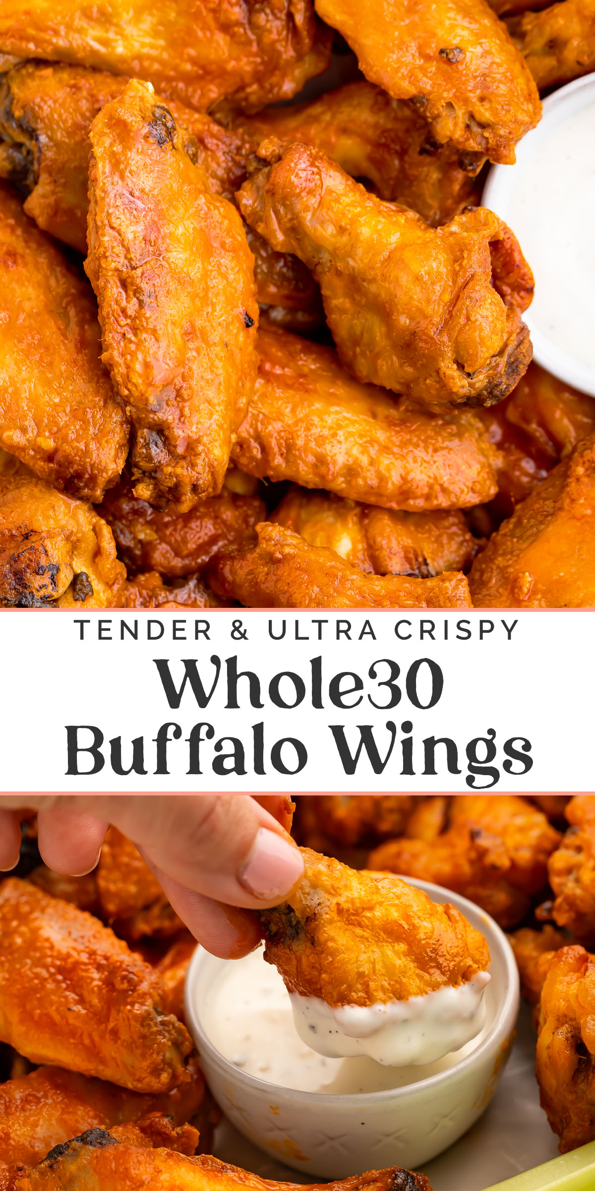 Pin graphic for Whole30 buffalo wings.