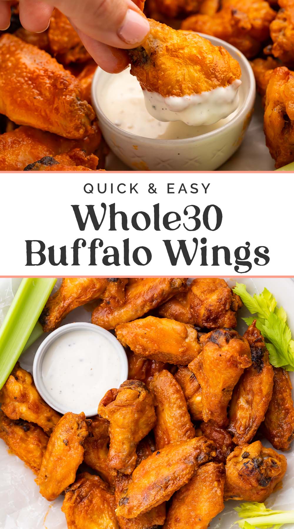 Pin graphic for Whole30 buffalo wings.