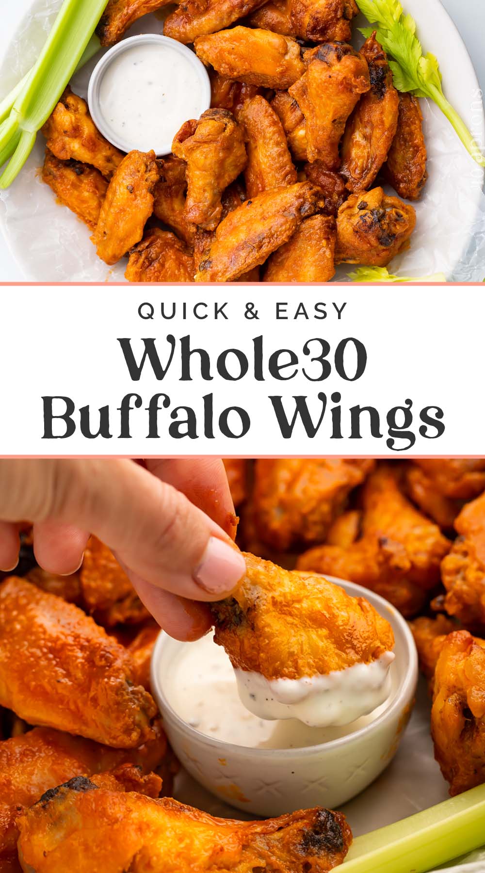 Pin graphic for Whole30 buffalo wings.