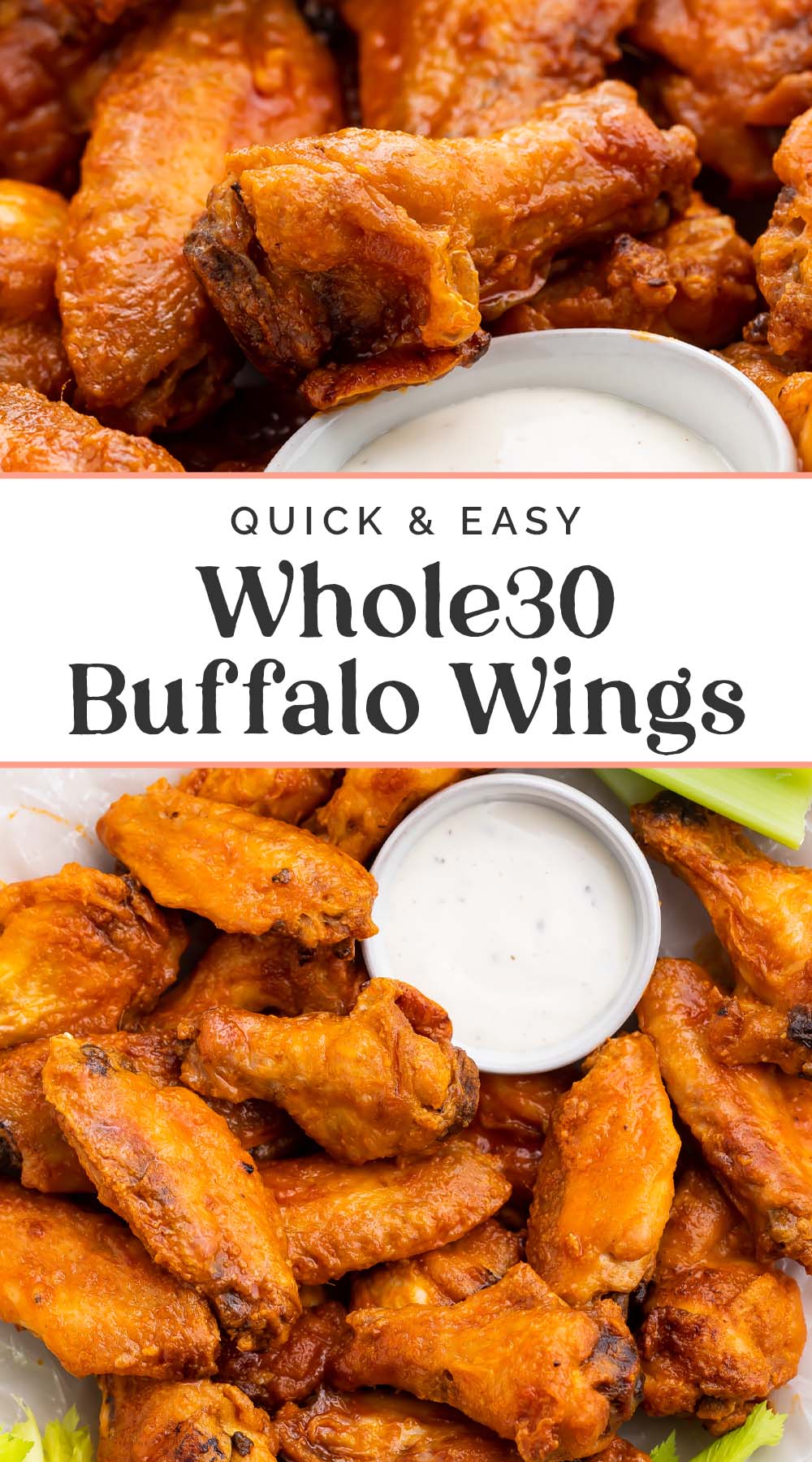 Pin graphic for Whole30 buffalo wings.