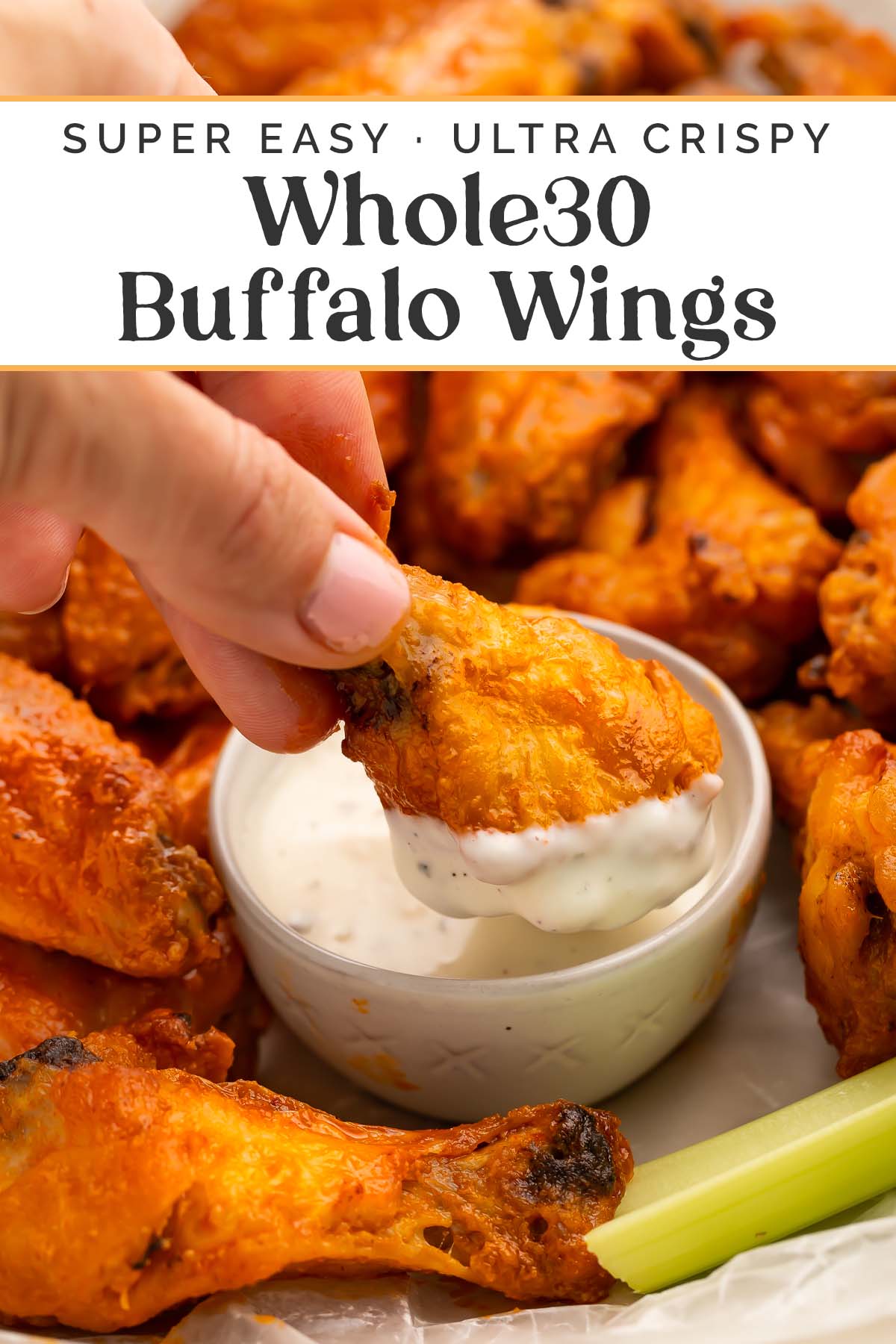 Pin graphic for Whole30 buffalo wings.