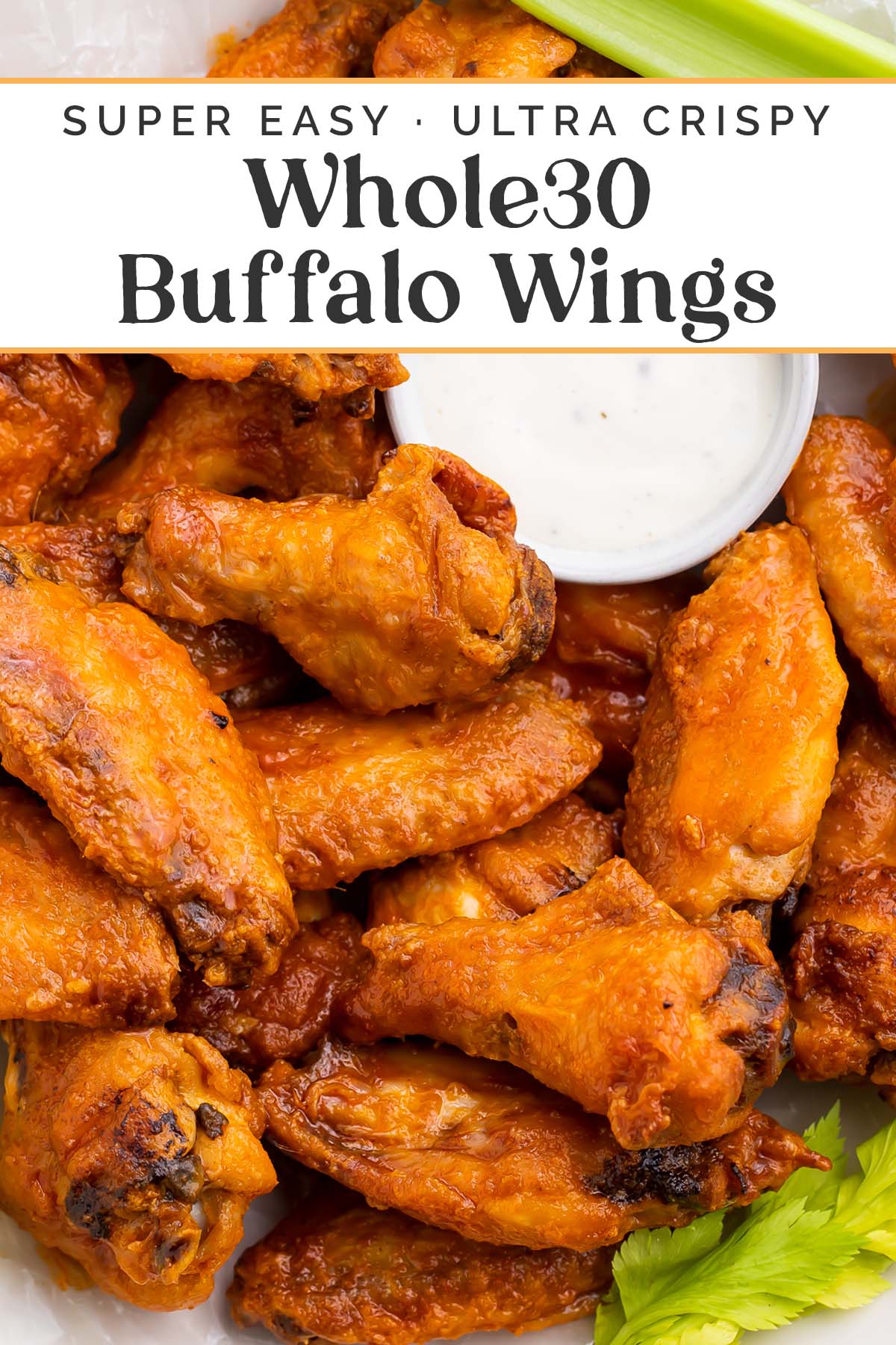 Pin graphic for Whole30 buffalo wings.