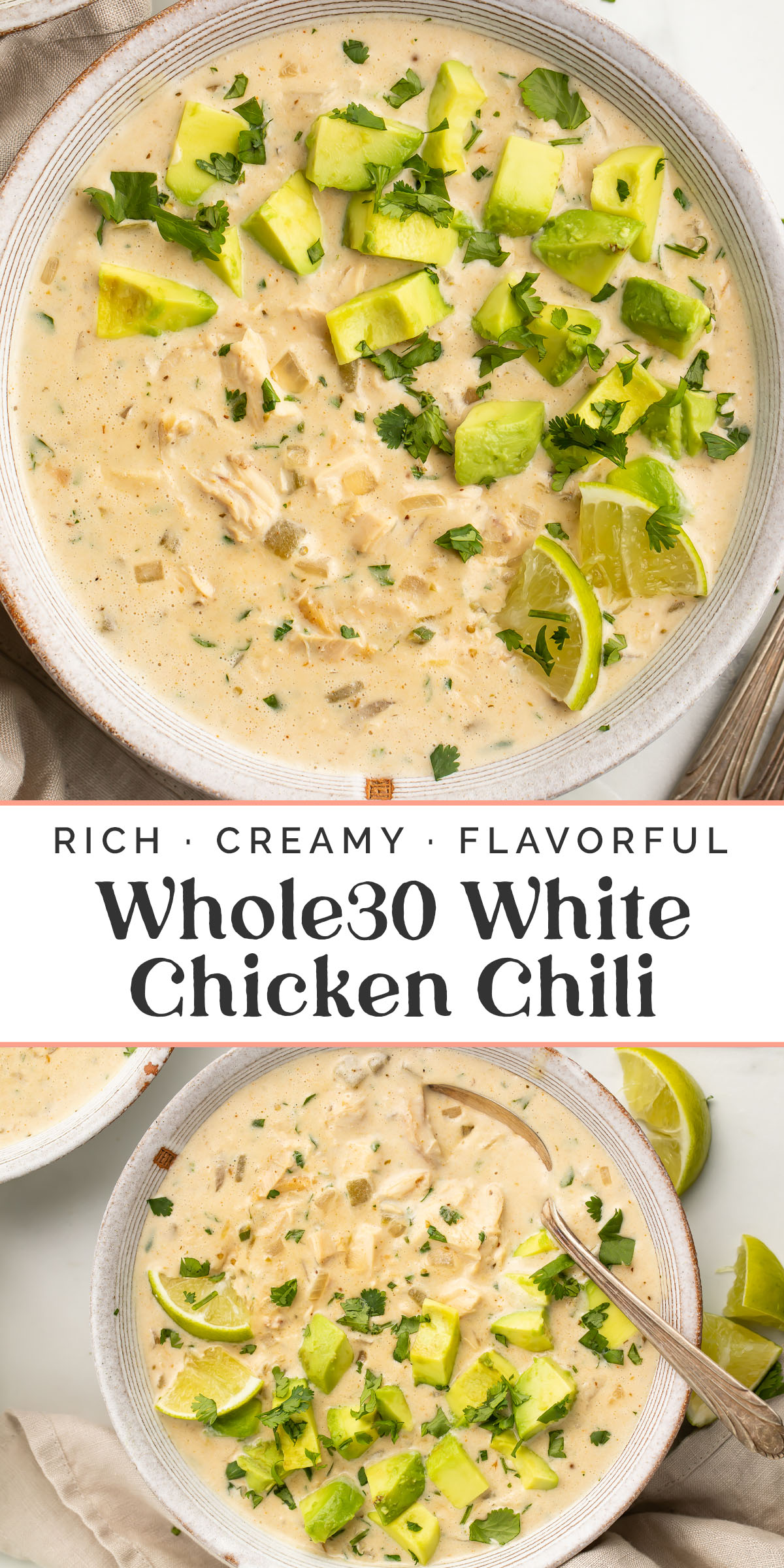 Pin graphic for Whole30 white chicken chili.