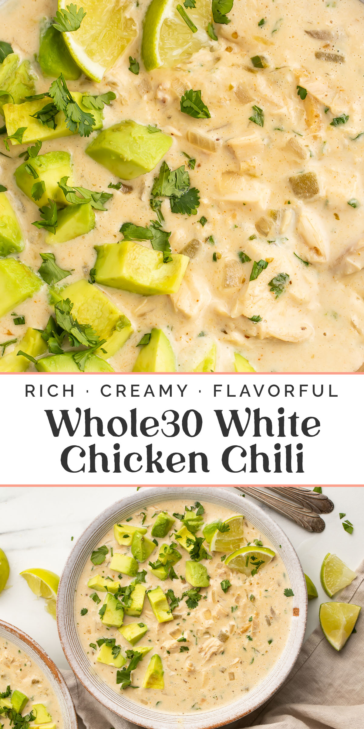 Pin graphic for Whole30 white chicken chili.