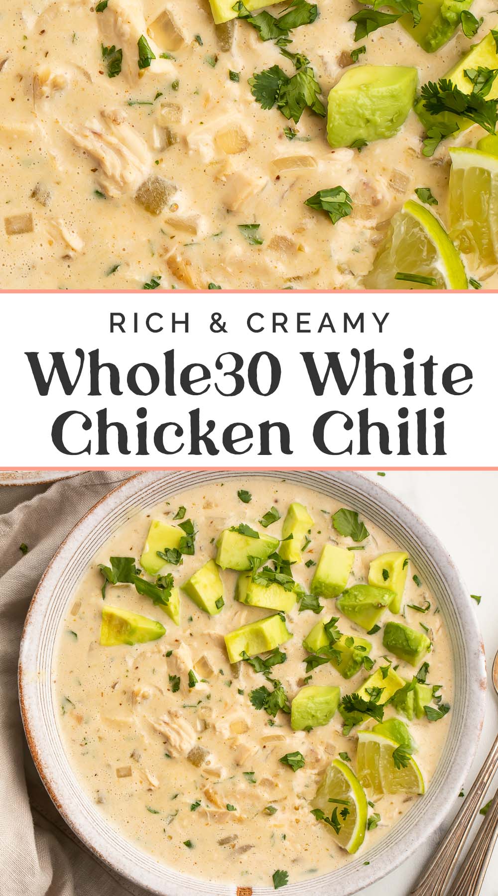 Pin graphic for Whole30 white chicken chili.