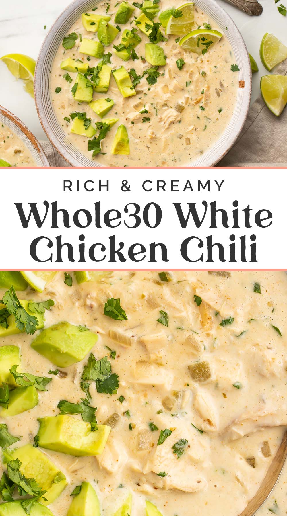 Pin graphic for Whole30 white chicken chili.