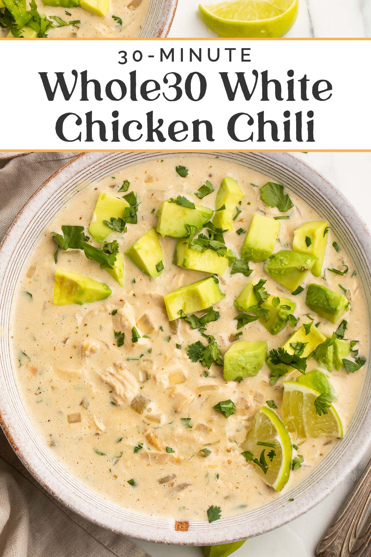 Pin graphic for Whole30 white chicken chili.