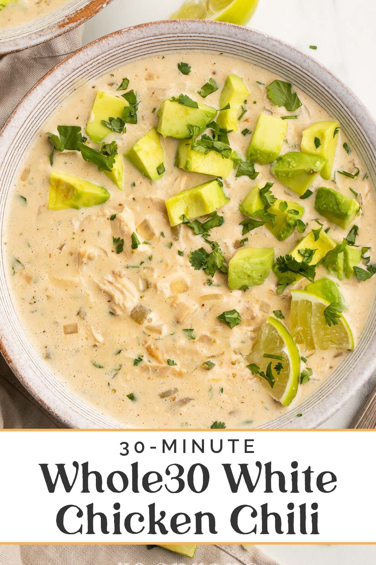 Pin graphic for Whole30 white chicken chili.