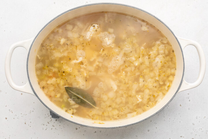 Keto chicken noodle soup in a large oval soup pot.