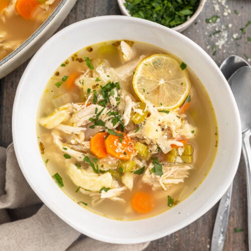 Top-down view of a bowl of keto chicken noodle soup.