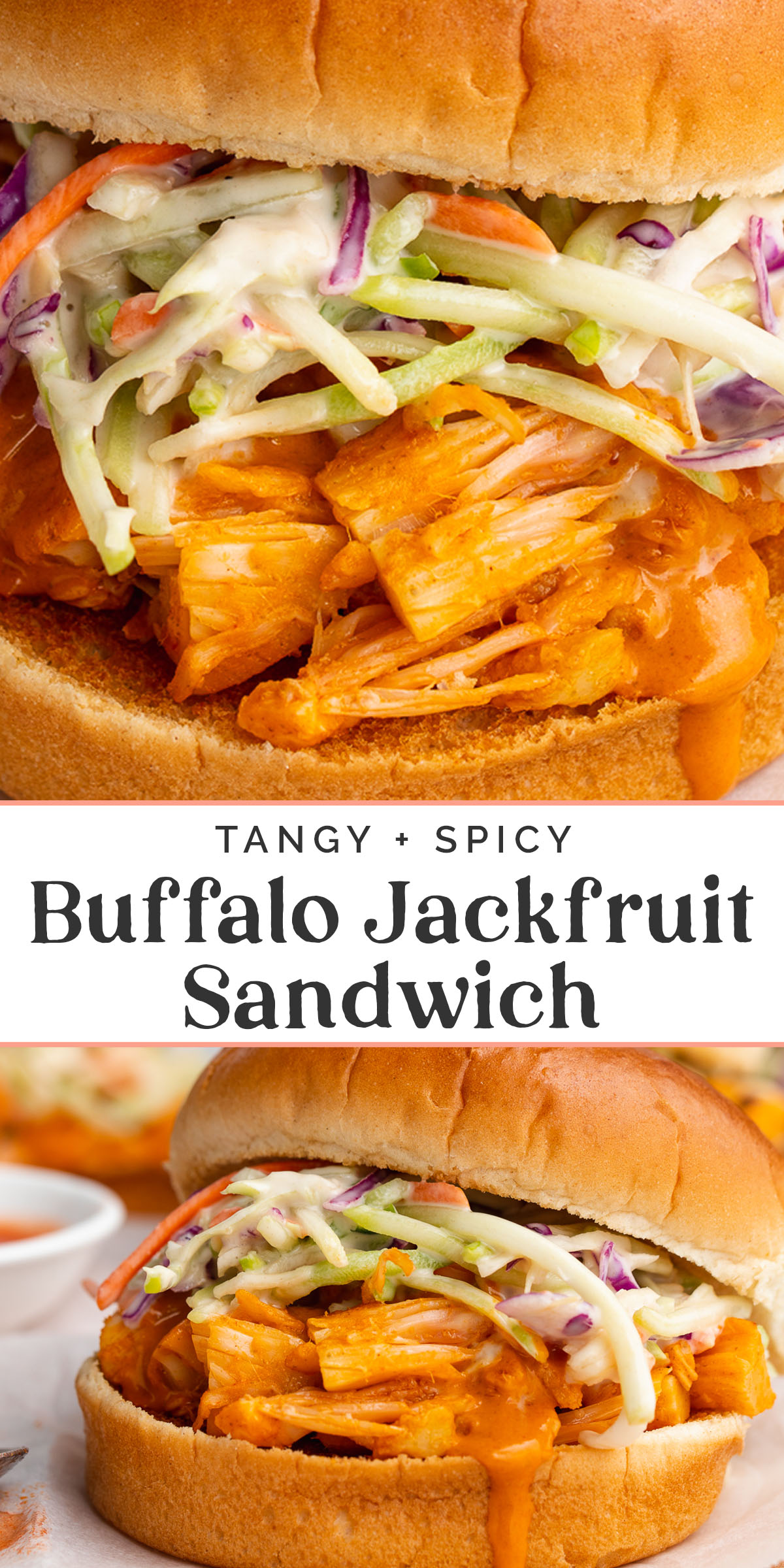 Pin graphic for buffalo jackfruit sandwich.